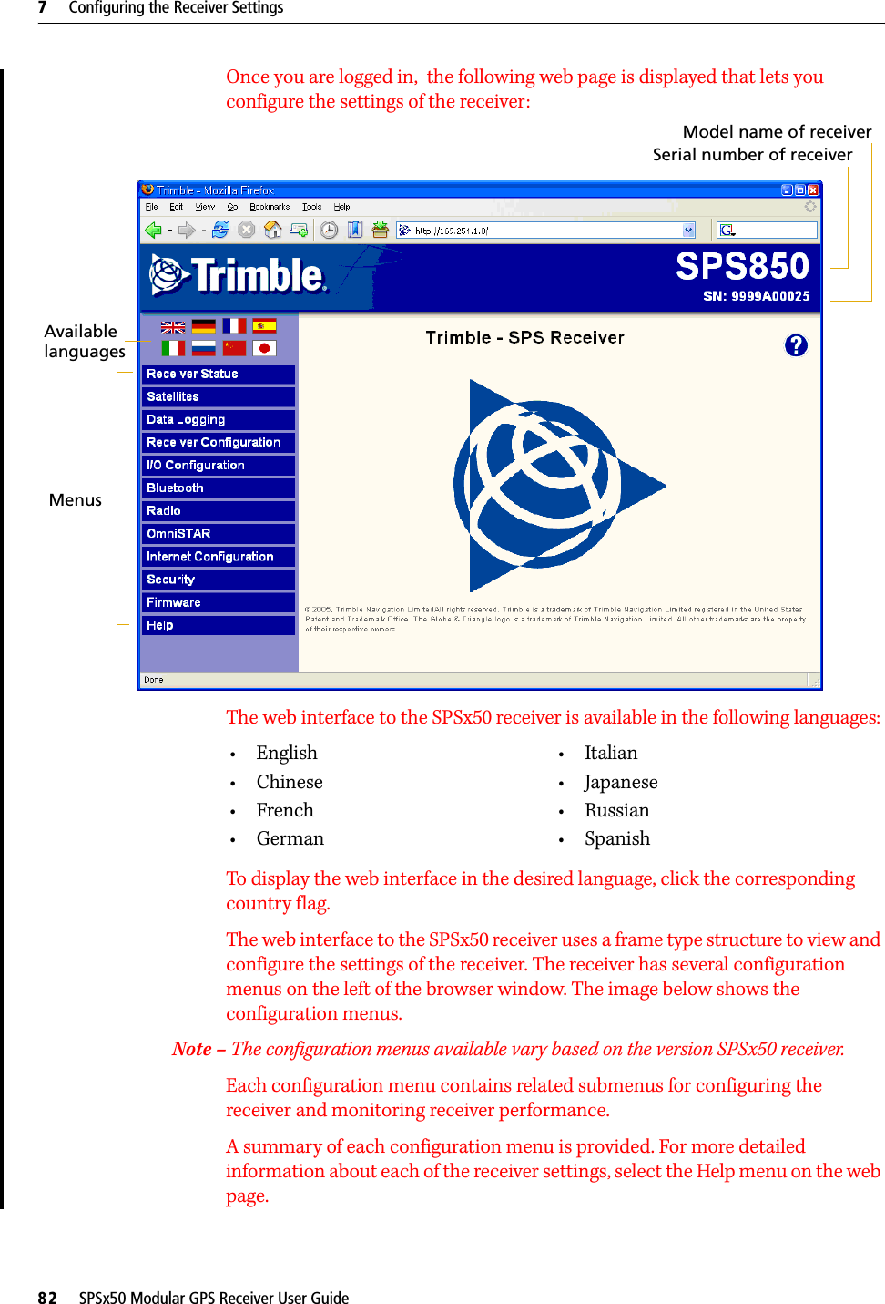 7     Configuring the Receiver Settings82     SPSx50 Modular GPS Receiver User GuideOnce you are logged in,  the following web page is displayed that lets you configure the settings of the receiver: The web interface to the SPSx50 receiver is available in the following languages:To display the web interface in the desired language, click the corresponding country flag. The web interface to the SPSx50 receiver uses a frame type structure to view and configure the settings of the receiver. The receiver has several configuration menus on the left of the browser window. The image below shows the configuration menus. Note – The configuration menus available vary based on the version SPSx50 receiver.Each configuration menu contains related submenus for configuring the receiver and monitoring receiver performance.A summary of each configuration menu is provided. For more detailed information about each of the receiver settings, select the Help menu on the web page.•English •Italian• Chinese • Japanese• French • Russian•German •SpanishModel name of receiverSerial number of receiverMenusAvailablelanguages