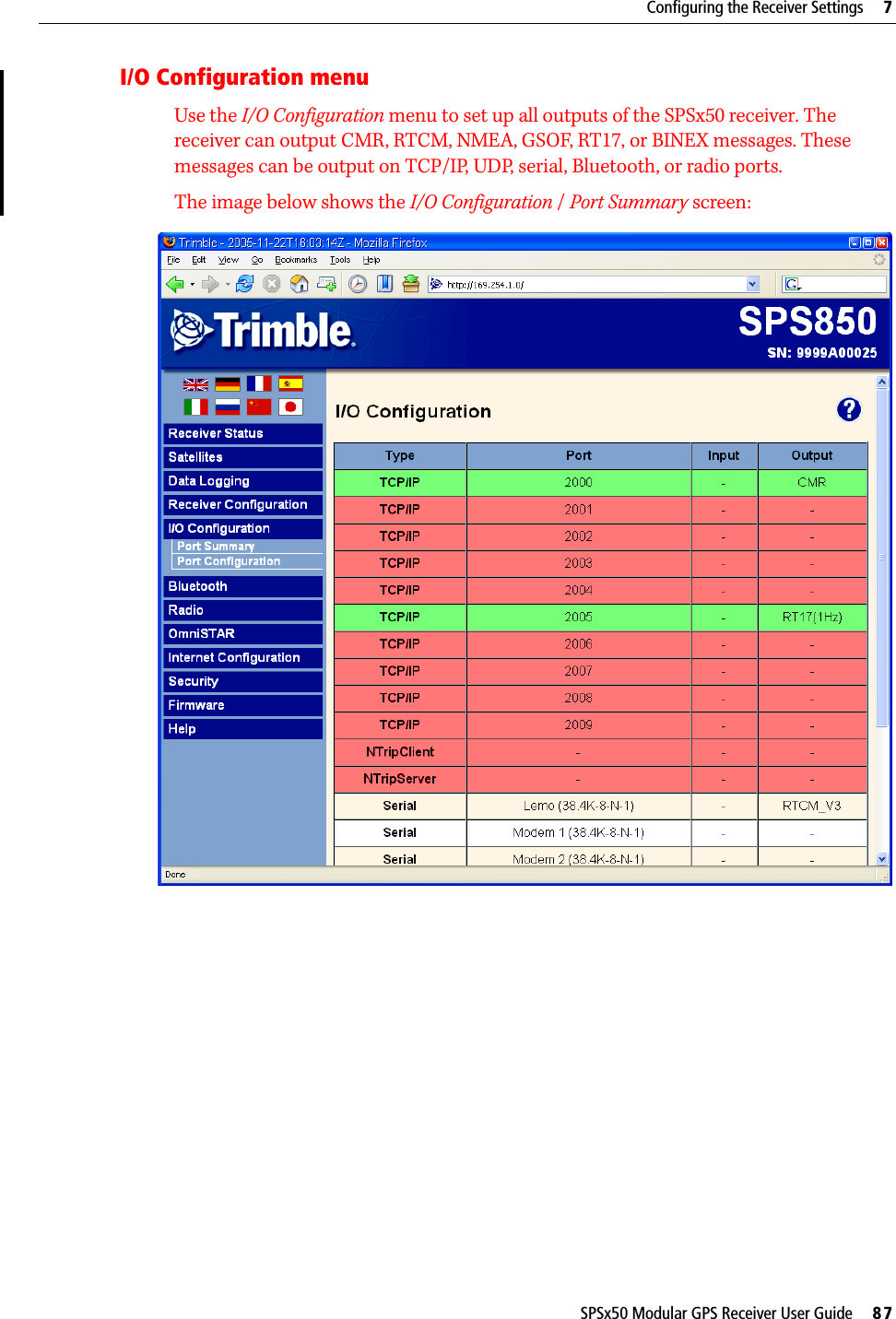 SPSx50 Modular GPS Receiver User Guide     87Configuring the Receiver Settings     7I/O Configuration menuUse the I/O Configuration menu to set up all outputs of the SPSx50 receiver. The receiver can output CMR, RTCM, NMEA, GSOF, RT17, or BINEX messages. These messages can be output on TCP/IP, UDP, serial, Bluetooth, or radio ports.The image below shows the I/O Configuration / Port Summary screen: 