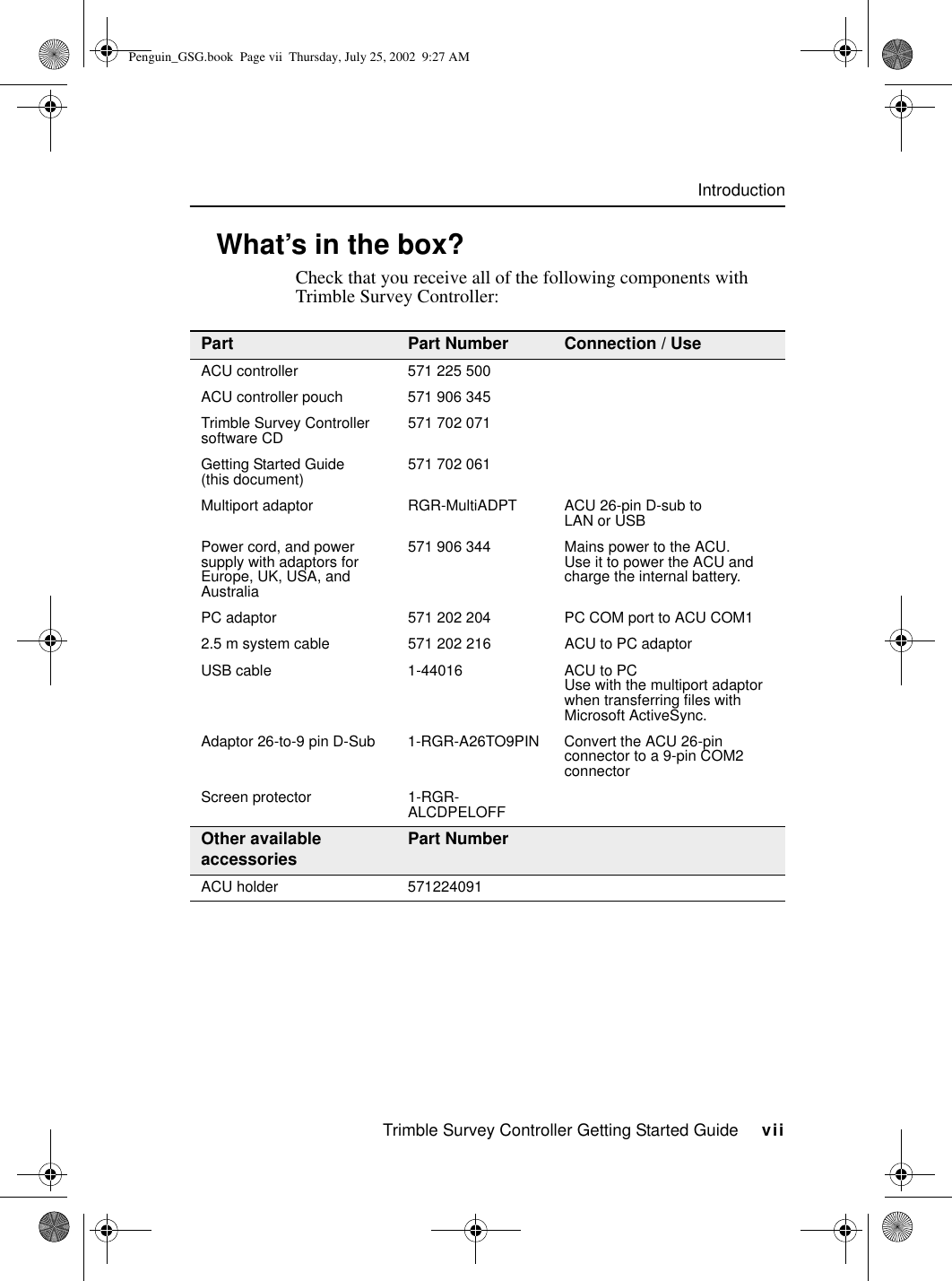 Trimble Survey Controller Getting Started Guide     viiIntroduction0.1 What’s in the box?Check that you receive all of the following components with Trimble Survey Controller:Part Part Number Connection / UseACU controller 571 225 500ACU controller pouch 571 906 345Trimble Survey Controller software CD 571 702 071Getting Started Guide (this document) 571 702 061Multiport adaptor RGR-MultiADPT ACU 26-pin D-sub to LAN or USBPower cord, and power supply with adaptors for Europe, UK, USA, and Australia571 906 344 Mains power to the ACU.Use it to power the ACU and charge the internal battery.PC adaptor 571 202 204 PC COM port to ACU COM12.5 m system cable 571 202 216 ACU to PC adaptorUSB cable 1-44016 ACU to PCUse with the multiport adaptor when transferring files with Microsoft ActiveSync.Adaptor 26-to-9 pin D-Sub 1-RGR-A26TO9PIN Convert the ACU 26-pin connector to a 9-pin COM2 connectorScreen protector 1-RGR-ALCDPELOFFOther available accessories Part NumberACU holder 571224091Penguin_GSG.book  Page vii  Thursday, July 25, 2002  9:27 AM