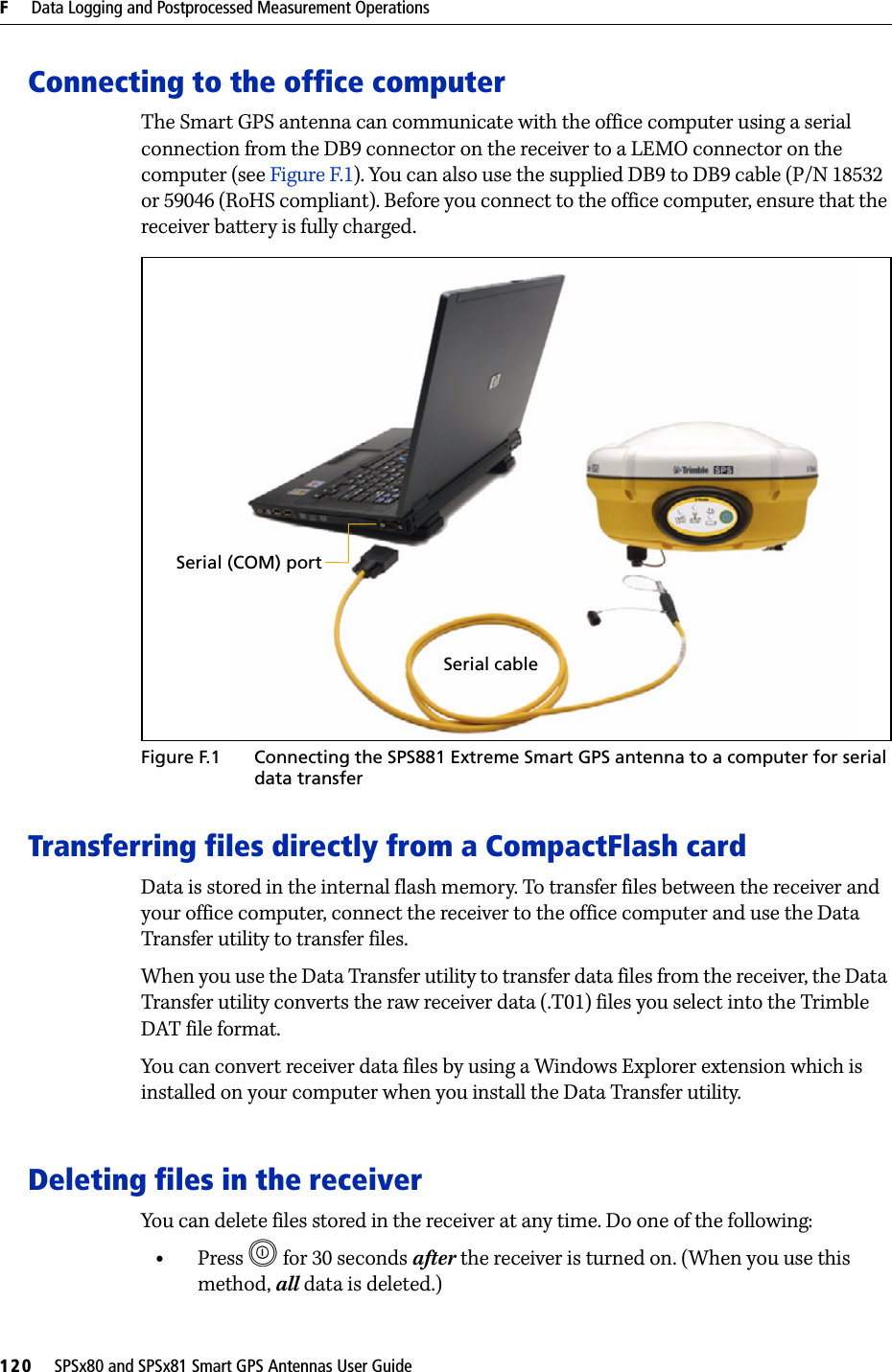 F     Data Logging and Postprocessed Measurement Operations120     SPSx80 and SPSx81 Smart GPS Antennas User GuideConnecting to the office computerThe Smart GPS antenna can communicate with the office computer using a serial connection from the DB9 connector on the receiver to a LEMO connector on the computer (see Figure F.1). You can also use the supplied DB9 to DB9 cable (P/N 18532 or 59046 (RoHS compliant). Before you connect to the office computer, ensure that the receiver battery is fully charged.Figure F.1 Connecting the SPS881 Extreme Smart GPS antenna to a computer for serial data transferTransferring files directly from a CompactFlash cardData is stored in the internal flash memory. To transfer files between the receiver and your office computer, connect the receiver to the office computer and use the Data Transfer utility to transfer files.When you use the Data Transfer utility to transfer data files from the receiver, the Data Transfer utility converts the raw receiver data (.T01) files you select into the Trimble DAT file format.You can convert receiver data files by using a Windows Explorer extension which is installed on your computer when you install the Data Transfer utility. Deleting files in the receiverYou can delete files stored in the receiver at any time. Do one of the following:•Press E  for 30 seconds after the receiver is turned on. (When you use this method, all data is deleted.)Serial (COM) port Serial cable