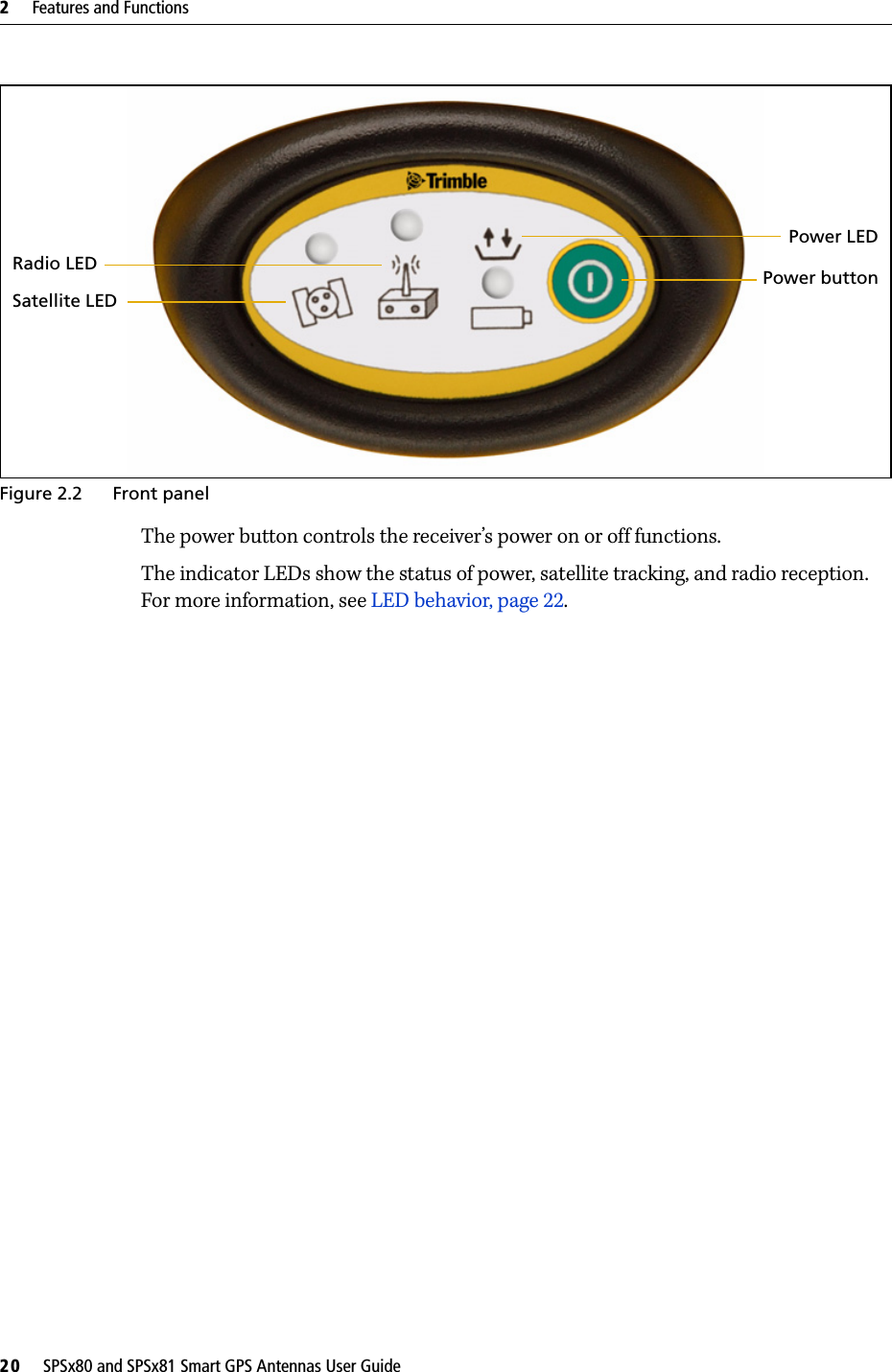 2     Features and Functions20     SPSx80 and SPSx81 Smart GPS Antennas User GuideFigure 2.2 Front panelThe power button controls the receiver’s power on or off functions.The indicator LEDs show the status of power, satellite tracking, and radio reception. For more information, see LED behavior, page 22.Satellite LEDRadio LEDPower LEDPower button