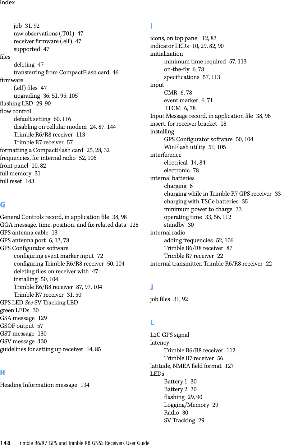 Index148     Trimble R6/R7 GPS and Trimble R8 GNSS Receivers User Guidejob 31, 92raw observations (.T01) 47receiver firmware (.elf ) 47supported 47filesdeleting 47transferring from CompactFlash card 46firmware(.elf) files 47upgrading 36, 51, 95, 105flashing LED 29, 90flow controldefault setting 60, 116disabling on cellular modem 24, 87, 144Trimble R6/R8 receiver 113Trimble R7 receiver 57formatting a CompactFlash card 25, 28, 32frequencies, for internal radio 52, 106front panel 10, 82full memory 31full reset 143GGeneral Controls record, in application file 38, 98GGA message, time, position, and fix related data 128GPS antenna cable 13GPS antenna port 6, 13, 78GPS Configurator softwareconfiguring event marker input 72configuring Trimble R6/R8 receiver 50, 104deleting files on receiver with 47installing 50, 104Trimble R6/R8 receiver 87, 97, 104Trimble R7 receiver 31, 50GPS LED See SV Tracking LEDgreen LEDs 30GSA message 129GSOF output 57GST message 130GSV message 130guidelines for setting up receiver 14, 85HHeading Information message 134Iicons, on top panel 12, 83indicator LEDs 10, 29, 82, 90initializationminimum time required 57, 113on-the-fly 6, 78specifications 57, 113inputCMR 6, 78event marker 6, 71RTCM 6, 78Input Message record, in application file 38, 98insert, for receiver bracket 18installingGPS Configurator software 50, 104WinFlash utility 51, 105interferenceelectrical 14, 84electronic 78internal batteriescharging 6charging while in Trimble R7 GPS receiver 33charging with TSCe batteries 35minimum power to charge 33operating time 33, 56, 112standby 30internal radioadding frequencies 52, 106Trimble R6/R8 receiver 87Trimble R7 receiver 22internal transmitter, Trimble R6/R8 receiver 22Jjob files 31, 92LL2C GPS signallatencyTrimble R6/R8 receiver 112Trimble R7 receiver 56latitude, NMEA field format 127LEDsBattery 1 30Battery 2 30flashing 29, 90Logging/Memory 29Radio 30SV Tracking 29