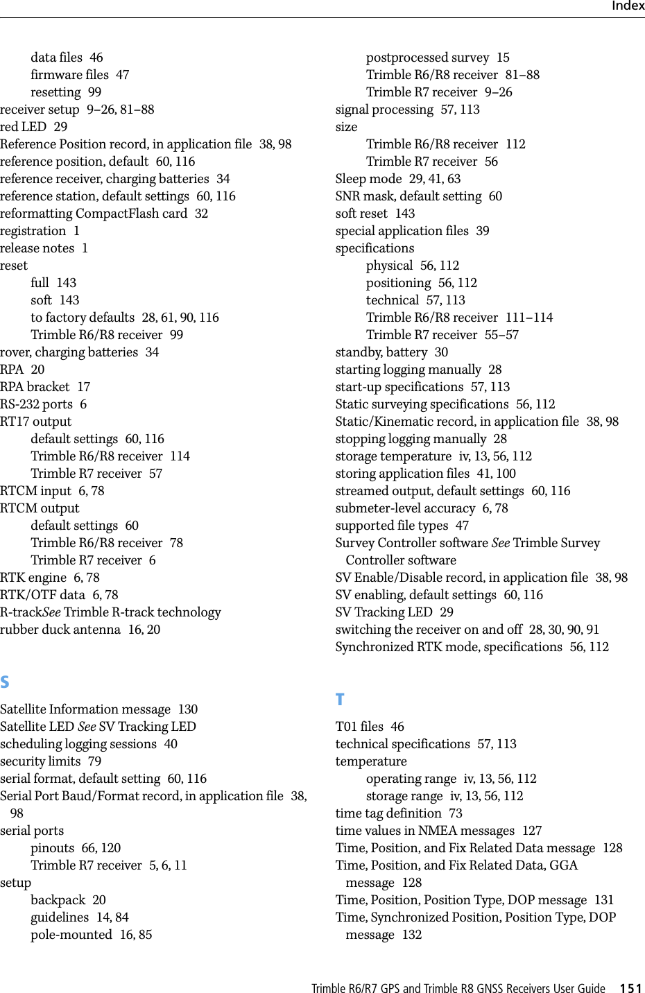 TrimbleR6/R7GPSandTrimbleR8GNSSReceiversUserGuide     151Indexdata files 46firmware files 47resetting 99receiver setup 9–26, 81–88red LED 29Reference Position record, in application file 38, 98reference position, default 60, 116reference receiver, charging batteries 34reference station, default settings 60, 116reformatting CompactFlash card 32registration 1release notes 1resetfull 143soft 143to factory defaults 28, 61, 90, 116Trimble R6/R8 receiver 99rover, charging batteries 34RPA 20RPA bracket 17RS-232 ports 6RT17 outputdefault settings 60, 116Trimble R6/R8 receiver 114Trimble R7 receiver 57RTCM input 6, 78RTCM outputdefault settings 60Trimble R6/R8 receiver 78Trimble R7 receiver 6RTK engine 6, 78RTK/OTF data 6, 78R-trackSee Trimble R-track technologyrubber duck antenna 16, 20SSatellite Information message 130Satellite LED See SV Tracking LEDscheduling logging sessions 40security limits 79serial format, default setting 60, 116Serial Port Baud/Format record, in application file 38, 98serial portspinouts 66, 120Trimble R7 receiver 5, 6, 11setupbackpack 20guidelines 14, 84pole-mounted 16, 85postprocessed survey 15Trimble R6/R8 receiver 81–88Trimble R7 receiver 9–26signal processing 57, 113sizeTrimble R6/R8 receiver 112Trimble R7 receiver 56Sleep mode 29, 41, 63SNR mask, default setting 60soft reset 143special application files 39specificationsphysical 56, 112positioning 56, 112technical 57, 113Trimble R6/R8 receiver 111–114Trimble R7 receiver 55–57standby, battery 30starting logging manually 28start-up specifications 57, 113Static surveying specifications 56, 112Static/Kinematic record, in application file 38, 98stopping logging manually 28storage temperature iv, 13, 56, 112storing application files 41, 100streamed output, default settings 60, 116submeter-level accuracy 6, 78supported file types 47Survey Controller software See Trimble Survey Controller softwareSV Enable/Disable record, in application file 38, 98SV enabling, default settings 60, 116SV Tracking LED 29switching the receiver on and off 28, 30, 90, 91Synchronized RTK mode, specifications 56, 112TT01 files 46technical specifications 57, 113temperatureoperating range iv, 13, 56, 112storage range iv, 13, 56, 112time tag definition 73time values in NMEA messages 127Time, Position, and Fix Related Data message 128Time, Position, and Fix Related Data, GGA message 128Time, Position, Position Type, DOP message 131Time, Synchronized Position, Position Type, DOP message 132