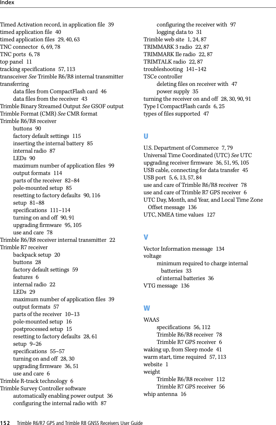 Index152     Trimble R6/R7 GPS and Trimble R8 GNSS Receivers User GuideTimed Activation record, in application file 39timed application file 40timed application files 29, 40, 63TNC connector 6, 69, 78TNC ports 6, 78top panel 11tracking specifications 57, 113transceiver See Trimble R6/R8 internal transmittertransferringdata files from CompactFlash card 46data files from the receiver 43Trimble Binary Streamed Output See GSOF outputTrimble Format (CMR) See CMR formatTrimble R6/R8 receiverbuttons 90factory default settings 115inserting the internal battery 85internal radio 87LEDs 90maximum number of application files 99output formats 114parts of the receiver 82–84pole-mounted setup 85resetting to factory defaults 90, 116setup 81–88specifications 111–114turning on and off 90, 91upgrading firmware 95, 105use and care 78Trimble R6/R8 receiver internal transmitter 22Trimble R7 receiverbackpack setup 20buttons 28factory default settings 59features 6internal radio 22LEDs 29maximum number of application files 39output formats 57parts of the receiver 10–13pole-mounted setup 16postprocessed setup 15resetting to factory defaults 28, 61setup 9–26specifications 55–57turning on and off 28, 30upgrading firmware 36, 51use and care 6Trimble R-track technology 6Trimble Survey Controller softwareautomatically enabling power output 36configuring the internal radio with 87configuring the receiver with 97logging data to 31Trimble web site 1, 24, 87TRIMMARK 3 radio 22, 87TRIMMARK IIe radio 22, 87TRIMTALK radio 22, 87troubleshooting 141–142TSCe controllerdeleting files on receiver with 47power supply 35turning the receiver on and off 28, 30, 90, 91Type I CompactFlash cards 6, 25types of files supported 47UU.S. Department of Commerce 7, 79Universal Time Coordinated (UTC) See UTCupgrading receiver firmware 36, 51, 95, 105USB cable, connecting for data transfer 45USB port 5, 6, 13, 57, 84use and care of Trimble R6/R8 receiver 78use and care of Trimble R7 GPS receiver 6UTC Day, Month, and Year, and Local Time Zone Offset message 136UTC, NMEA time values 127VVector Information message 134voltageminimum required to charge internal batteries 33of internal batteries 36VTG message 136WWAASspecifications 56, 112Trimble R6/R8 receiver 78Trimble R7 GPS receiver 6waking up, from Sleep mode 41warm start, time required 57, 113website 1weightTrimble R6/R8 receiver 112Trimble R7 GPS receiver 56whip antenna 16
