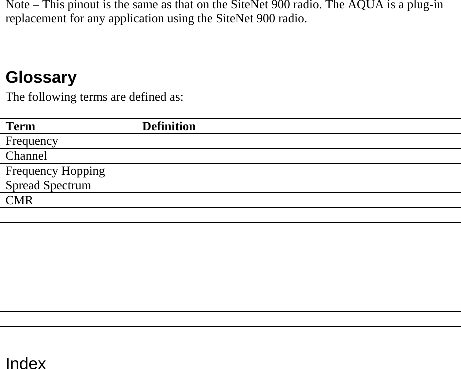 Note – This pinout is the same as that on the SiteNet 900 radio. The AQUA is a plug-in replacement for any application using the SiteNet 900 radio.  Glossary The following terms are defined as:  Term Definition Frequency  Channel  Frequency Hopping Spread Spectrum   CMR                   Index  