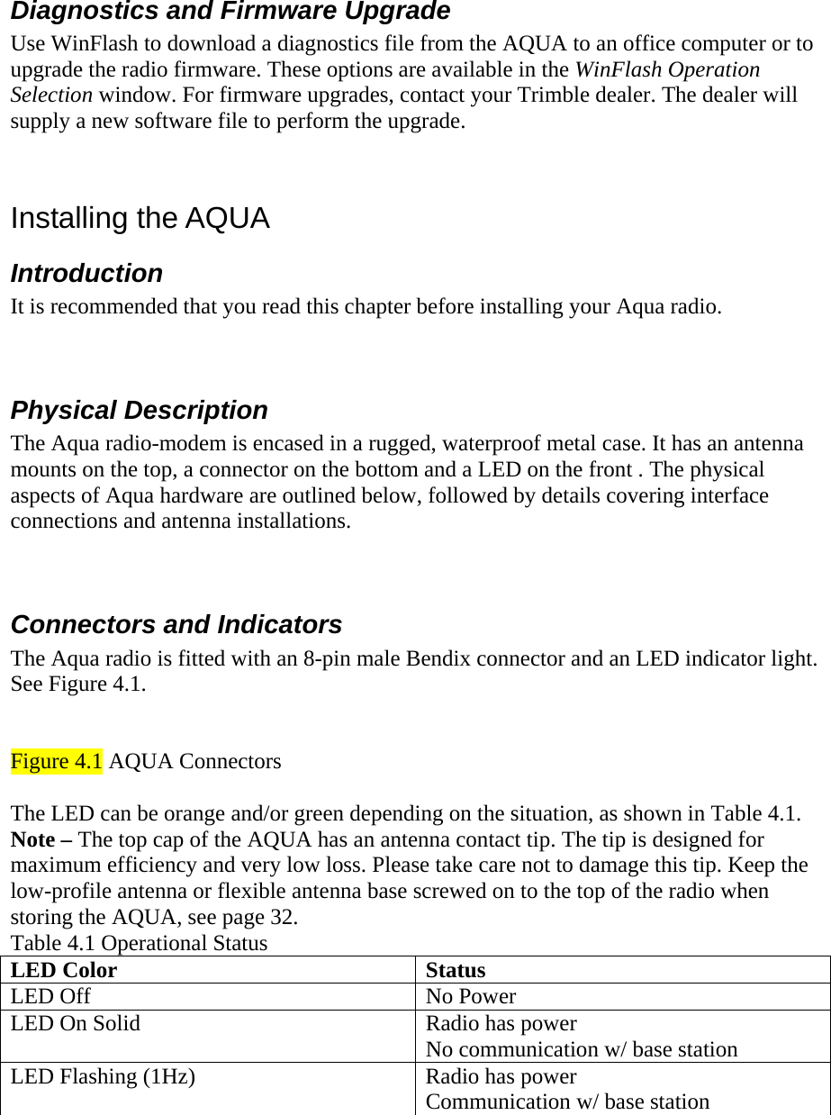  Diagnostics and Firmware Upgrade Use WinFlash to download a diagnostics file from the AQUA to an office computer or to upgrade the radio firmware. These options are available in the WinFlash Operation Selection window. For firmware upgrades, contact your Trimble dealer. The dealer will supply a new software file to perform the upgrade.  Installing the AQUA  Introduction  It is recommended that you read this chapter before installing your Aqua radio.  Physical Description  The Aqua radio-modem is encased in a rugged, waterproof metal case. It has an antenna mounts on the top, a connector on the bottom and a LED on the front . The physical aspects of Aqua hardware are outlined below, followed by details covering interface connections and antenna installations.  Connectors and Indicators  The Aqua radio is fitted with an 8-pin male Bendix connector and an LED indicator light. See Figure 4.1.   Figure 4.1 AQUA Connectors  The LED can be orange and/or green depending on the situation, as shown in Table 4.1. Note – The top cap of the AQUA has an antenna contact tip. The tip is designed for maximum efficiency and very low loss. Please take care not to damage this tip. Keep the low-profile antenna or flexible antenna base screwed on to the top of the radio when storing the AQUA, see page 32. Table 4.1 Operational Status LED Color  Status LED Off  No Power LED On Solid  Radio has power No communication w/ base station LED Flashing (1Hz)  Radio has power Communication w/ base station  