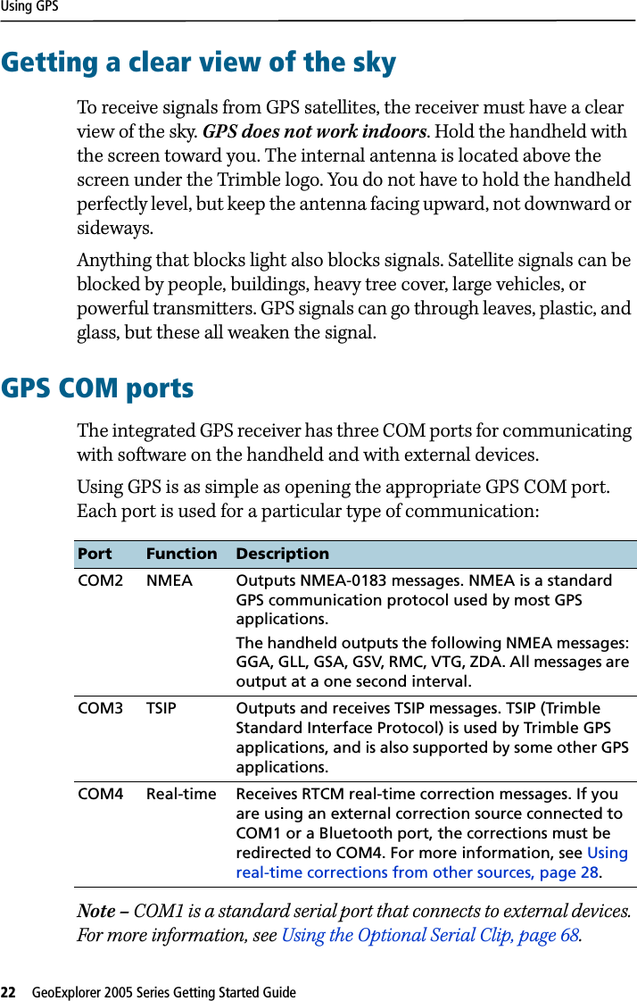 Using GPS22   GeoExplorer 2005 Series Getting Started Guide Getting a clear view of the skyTo receive signals from GPS satellites, the receiver must have a clear view of the sky. GPS does not work indoors. Hold the handheld with the screen toward you. The internal antenna is located above the screen under the Trimble logo. You do not have to hold the handheld perfectly level, but keep the antenna facing upward, not downward or sideways.Anything that blocks light also blocks signals. Satellite signals can be blocked by people, buildings, heavy tree cover, large vehicles, or powerful transmitters. GPS signals can go through leaves, plastic, and glass, but these all weaken the signal.GPS COM ports The integrated GPS receiver has three COM ports for communicating with software on the handheld and with external devices. Using GPS is as simple as opening the appropriate GPS COM port. Each port is used for a particular type of communication:Note – COM1 is a standard serial port that connects to external devices. For more information, see Using the Optional Serial Clip, page 68.Port Function DescriptionCOM2 NMEA Outputs NMEA-0183 messages. NMEA is a standard GPS communication protocol used by most GPS applications. The handheld outputs the following NMEA messages: GGA, GLL, GSA, GSV, RMC, VTG, ZDA. All messages are output at a one second interval.COM3 TSIP Outputs and receives TSIP messages. TSIP (Trimble Standard Interface Protocol) is used by Trimble GPS applications, and is also supported by some other GPS applications.COM4 Real-time Receives RTCM real-time correction messages. If you are using an external correction source connected to COM1 or a Bluetooth port, the corrections must be redirected to COM4. For more information, see Using real-time corrections from other sources, page 28.