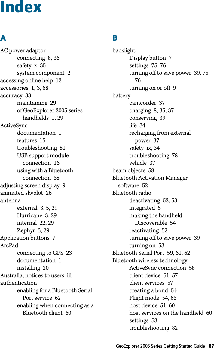 GeoExplorer 2005 Series Getting Started Guide   87AAC power adaptorconnecting 8, 36safety x, 35system component 2accessing online help 12accessories 1, 3, 68accuracy 33maintaining 29of GeoExplorer 2005 series handhelds 1, 29ActiveSyncdocumentation 1features 15troubleshooting 81USB support module connection 16using with a Bluetooth connection 58adjusting screen display 9animated skyplot 26antennaexternal 3, 5, 29Hurricane 3, 29internal 22, 29Zephyr 3, 29Application buttons 7ArcPadconnecting to GPS 23documentation 1installing 20Australia, notices to users iiiauthenticationenabling for a Bluetooth Serial Port service 62enabling when connecting as a Bluetooth client 60BbacklightDisplay button 7settings 75, 76turning off to save power 39, 75, 76turning on or off 9batterycamcorder 37charging 8, 35, 37conserving 39life 34recharging from external power 37safety ix, 34troubleshooting 78vehicle 37beam objects 58Bluetooth Activation Manager software 52Bluetooth radiodeactivating 52, 53integrated 5making the handheld Discoverable 54reactivating 52turning off to save power 39turning on 53Bluetooth Serial Port 59, 61, 62Bluetooth wireless technologyActiveSync connection 58client device 51, 57client services 57creating a bond 54Flight mode 54, 65host device 51, 60host services on the handheld 60settings 53troubleshooting 82Index 19