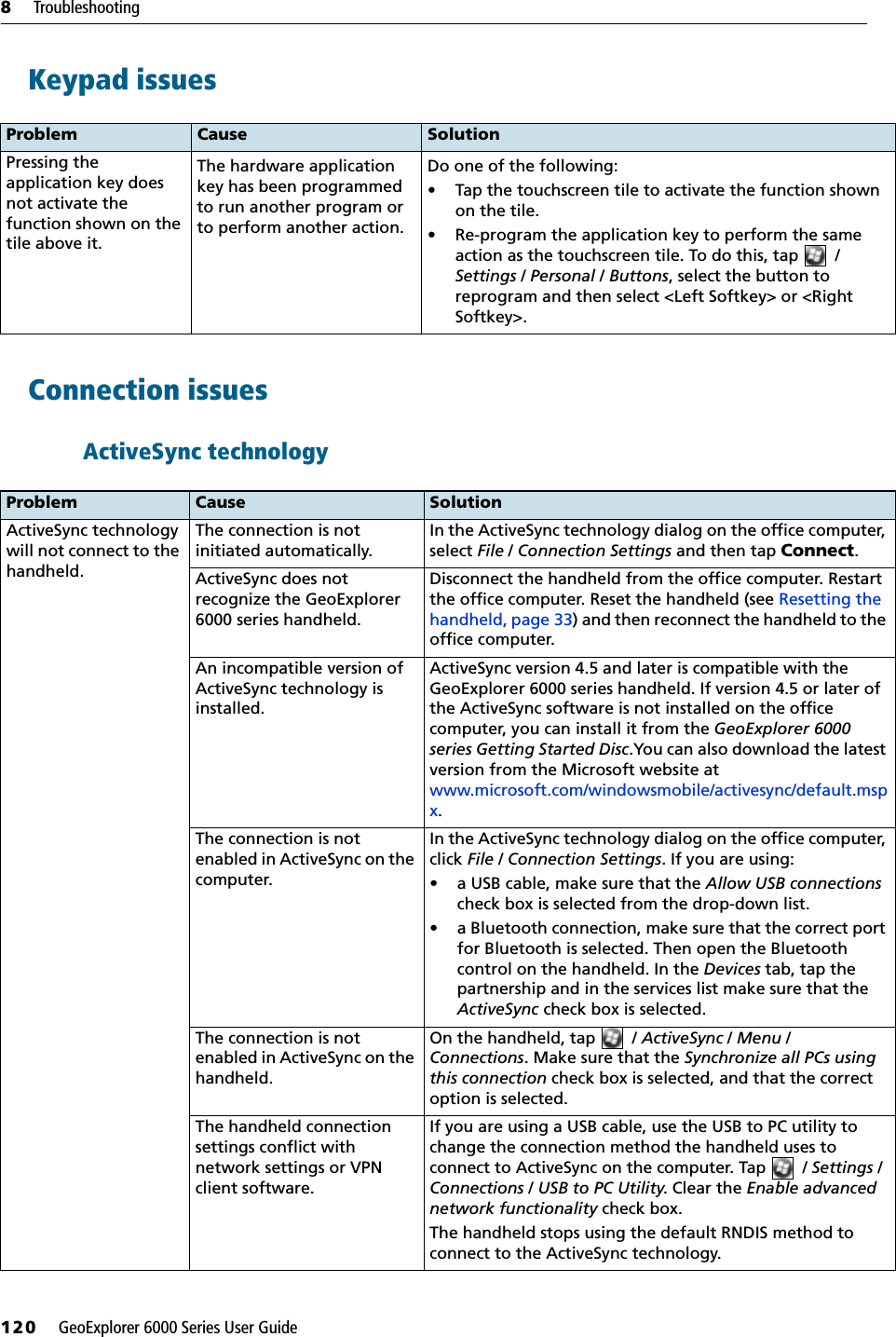 8     Troubleshooting120     GeoExplorer 6000 Series User GuideKeypad issues  Connection issuesActiveSync technology   Problem Cause SolutionPressing the application key does not activate the function shown on the tile above it.The hardware application key has been programmed to run another program or to perform another action.Do one of the following:• Tap the touchscreen tile to activate the function shown on the tile.• Re-program the application key to perform the same action as the touchscreen tile. To do this, tap  / Settings / Personal / Buttons, select the button to reprogram and then select &lt;Left Softkey&gt; or &lt;Right Softkey&gt;.Problem Cause SolutionActiveSync technology will not connect to the handheld.The connection is not initiated automatically.In the ActiveSync technology dialog on the office computer, select File /Connection Settings and then tap Connect.ActiveSync does not recognize the GeoExplorer 6000 series handheld.Disconnect the handheld from the office computer. Restart the office computer. Reset the handheld (see Resetting the handheld, page 33) and then reconnect the handheld to the office computer.An incompatible version of ActiveSync technology is installed.ActiveSync version 4.5 and later is compatible with the GeoExplorer 6000 series handheld. If version 4.5 or later of the ActiveSync software is not installed on the office computer, you can install it from the GeoExplorer 6000 series Getting Started Disc.You can also download the latest version from the Microsoft website at www.microsoft.com/windowsmobile/activesync/default.mspx.The connection is not enabled in ActiveSync on the computer.In the ActiveSync technology dialog on the office computer, click File /Connection Settings. If you are using:• a USB cable, make sure that the Allow USB connections check box is selected from the drop-down list.• a Bluetooth connection, make sure that the correct port for Bluetooth is selected. Then open the Bluetooth control on the handheld. In the Devices tab, tap the partnership and in the services list make sure that the ActiveSync check box is selected.The connection is not enabled in ActiveSync on the handheld.On the handheld, tap  / ActiveSync / Menu / Connections. Make sure that the Synchronize all PCs using this connection check box is selected, and that the correct option is selected.The handheld connection settings conflict with network settings or VPN client software.If you are using a USB cable, use the USB to PC utility to change the connection method the handheld uses to connect to ActiveSync on the computer. Tap  / Settings / Connections / USB to PC Utility. Clear the Enable advanced network functionality check box.The handheld stops using the default RNDIS method to connect to the ActiveSync technology.