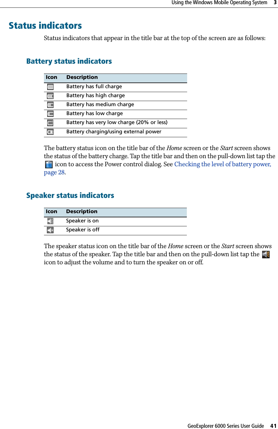 GeoExplorer 6000 Series User Guide     41Using the Windows Mobile Operating System     3Status indicatorsStatus indicators that appear in the title bar at the top of the screen are as follows:Battery status indicators The battery status icon on the title bar of the Home screen or the Start screen shows the status of the battery charge. Tap the title bar and then on the pull-down list tap the   icon to access the Power control dialog. See Checking the level of battery power, page 28.Speaker status indicatorsThe speaker status icon on the title bar of the Home screen or the Start screen shows the status of the speaker. Tap the title bar and then on the pull-down list tap the    icon to adjust the volume and to turn the speaker on or off.Icon DescriptionBattery has full chargeBattery has high chargeBattery has medium chargeBattery has low chargeBattery has very low charge (20% or less)Battery charging/using external powerIcon DescriptionSpeaker is onSpeaker is off