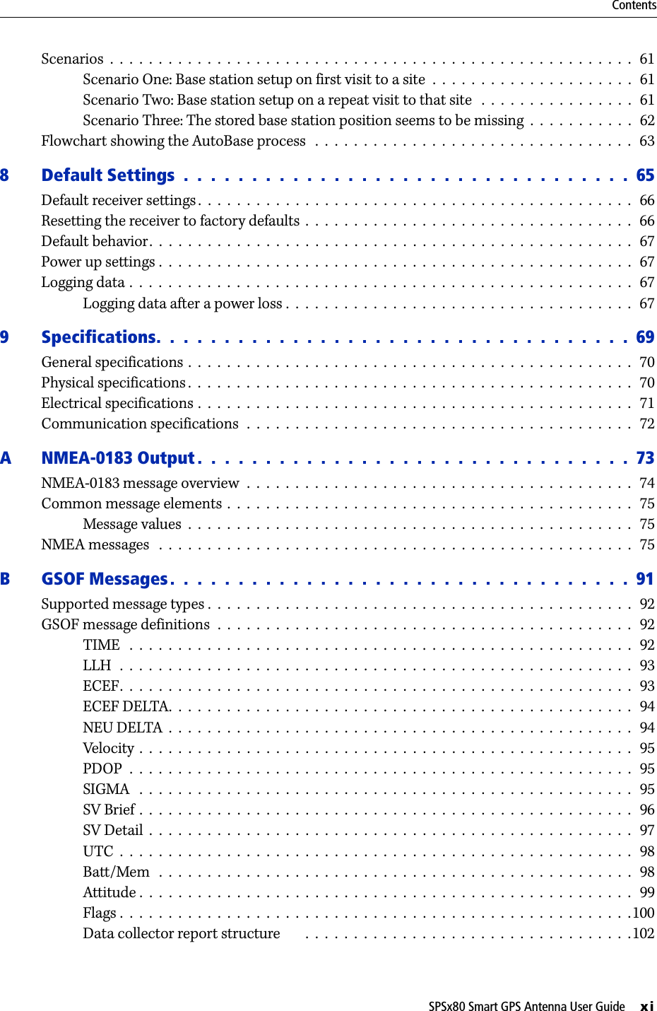 SPSx80 Smart GPS Antenna User Guide     xiContentsScenarios  .  .  .  .  .  .  .  .  .  .  .  .  .  .  .  .  .  .  .  .  .  .  .  .  .  .  .  .  .  .  .  .  .  .  .  .  .  .  .  .  .  .  .  .  .  .  .  .  .  .  .  .  .  .   61Scenario One: Base station setup on first visit to a site  .  .  .  .  .  .  .  .  .  .  .  .  .  .  .  .  .  .  .  .  .  61Scenario Two: Base station setup on a repeat visit to that site   .  .  .  .  .  .  .  .  .  .  .  .  .  .  .  .   61Scenario Three: The stored base station position seems to be missing  .  .  .  .  .  .  .  .  .  .  .   62Flowchart showing the AutoBase process   .  .  .  .  .  .  .  .  .  .  .  .  .  .  .  .  .  .  .  .  .  .  .  .  .  .  .  .  .  .  .  .  .  638 Default Settings  .  .  .  .  .  .  .  .  .  .  .  .  .  .  .  .  .  .  .  .  .  .  .  .  .  .  .  .  .  .  .  .  .  65Default receiver settings.  .  .  .  .  .  .  .  .  .  .  .  .  .  .  .  .  .  .  .  .  .  .  .  .  .  .  .  .  .  .  .  .  .  .  .  .  .  .  .  .  .  .  .  .   66Resetting the receiver to factory defaults  .  .  .  .  .  .  .  .  .  .  .  .  .  .  .  .  .  .  .  .  .  .  .  .  .  .  .  .  .  .  .  .  .  .   66Default behavior.  .  .  .  .  .  .  .  .  .  .  .  .  .  .  .  .  .  .  .  .  .  .  .  .  .  .  .  .  .  .  .  .  .  .  .  .  .  .  .  .  .  .  .  .  .  .  .  .  .   67Power up settings .  .  .  .  .  .  .  .  .  .  .  .  .  .  .  .  .  .  .  .  .  .  .  .  .  .  .  .  .  .  .  .  .  .  .  .  .  .  .  .  .  .  .  .  .  .  .  .  .  67Logging data .  .  .  .  .  .  .  .  .  .  .  .  .  .  .  .  .  .  .  .  .  .  .  .  .  .  .  .  .  .  .  .  .  .  .  .  .  .  .  .  .  .  .  .  .  .  .  .  .  .  .  .   67Logging data after a power loss .  .  .  .  .  .  .  .  .  .  .  .  .  .  .  .  .  .  .  .  .  .  .  .  .  .  .  .  .  .  .  .  .  .  .  .  679 Specifications.  .  .  .  .  .  .  .  .  .  .  .  .  .  .  .  .  .  .  .  .  .  .  .  .  .  .  .  .  .  .  .  .  .  .  69General specifications .  .  .  .  .  .  .  .  .  .  .  .  .  .  .  .  .  .  .  .  .  .  .  .  .  .  .  .  .  .  .  .  .  .  .  .  .  .  .  .  .  .  .  .  .  .   70Physical specifications .  .  .  .  .  .  .  .  .  .  .  .  .  .  .  .  .  .  .  .  .  .  .  .  .  .  .  .  .  .  .  .  .  .  .  .  .  .  .  .  .  .  .  .  .  .   70Electrical specifications .  .  .  .  .  .  .  .  .  .  .  .  .  .  .  .  .  .  .  .  .  .  .  .  .  .  .  .  .  .  .  .  .  .  .  .  .  .  .  .  .  .  .  .  .   71Communication specifications  .  .  .  .  .  .  .  .  .  .  .  .  .  .  .  .  .  .  .  .  .  .  .  .  .  .  .  .  .  .  .  .  .  .  .  .  .  .  .  .  72A NMEA-0183 Output .  .  .  .  .  .  .  .  .  .  .  .  .  .  .  .  .  .  .  .  .  .  .  .  .  .  .  .  .  .  .  .  73NMEA-0183 message overview  .  .  .  .  .  .  .  .  .  .  .  .  .  .  .  .  .  .  .  .  .  .  .  .  .  .  .  .  .  .  .  .  .  .  .  .  .  .  .  .   74Common message elements .  .  .  .  .  .  .  .  .  .  .  .  .  .  .  .  .  .  .  .  .  .  .  .  .  .  .  .  .  .  .  .  .  .  .  .  .  .  .  .  .  .  75Message values  .  .  .  .  .  .  .  .  .  .  .  .  .  .  .  .  .  .  .  .  .  .  .  .  .  .  .  .  .  .  .  .  .  .  .  .  .  .  .  .  .  .  .  .  .  .   75NMEA messages   .  .  .  .  .  .  .  .  .  .  .  .  .  .  .  .  .  .  .  .  .  .  .  .  .  .  .  .  .  .  .  .  .  .  .  .  .  .  .  .  .  .  .  .  .  .  .  .  .  75B GSOF Messages.  .  .  .  .  .  .  .  .  .  .  .  .  .  .  .  .  .  .  .  .  .  .  .  .  .  .  .  .  .  .  .  .  .  91Supported message types .  .  .  .  .  .  .  .  .  .  .  .  .  .  .  .  .  .  .  .  .  .  .  .  .  .  .  .  .  .  .  .  .  .  .  .  .  .  .  .  .  .  .  .  92GSOF message definitions  .  .  .  .  .  .  .  .  .  .  .  .  .  .  .  .  .  .  .  .  .  .  .  .  .  .  .  .  .  .  .  .  .  .  .  .  .  .  .  .  .  .  .   92TIME   .  .  .  .  .  .  .  .  .  .  .  .  .  .  .  .  .  .  .  .  .  .  .  .  .  .  .  .  .  .  .  .  .  .  .  .  .  .  .  .  .  .  .  .  .  .  .  .  .  .  .  .   92LLH  .  .  .  .  .  .  .  .  .  .  .  .  .  .  .  .  .  .  .  .  .  .  .  .  .  .  .  .  .  .  .  .  .  .  .  .  .  .  .  .  .  .  .  .  .  .  .  .  .  .  .  .  .   93ECEF.  .  .  .  .  .  .  .  .  .  .  .  .  .  .  .  .  .  .  .  .  .  .  .  .  .  .  .  .  .  .  .  .  .  .  .  .  .  .  .  .  .  .  .  .  .  .  .  .  .  .  .  .   93ECEF DELTA.  .  .  .  .  .  .  .  .  .  .  .  .  .  .  .  .  .  .  .  .  .  .  .  .  .  .  .  .  .  .  .  .  .  .  .  .  .  .  .  .  .  .  .  .  .  .  .  94NEU DELTA  .  .  .  .  .  .  .  .  .  .  .  .  .  .  .  .  .  .  .  .  .  .  .  .  .  .  .  .  .  .  .  .  .  .  .  .  .  .  .  .  .  .  .  .  .  .  .  .   94Velocity .  .  .  .  .  .  .  .  .  .  .  .  .  .  .  .  .  .  .  .  .  .  .  .  .  .  .  .  .  .  .  .  .  .  .  .  .  .  .  .  .  .  .  .  .  .  .  .  .  .  .  95PDOP  .  .  .  .  .  .  .  .  .  .  .  .  .  .  .  .  .  .  .  .  .  .  .  .  .  .  .  .  .  .  .  .  .  .  .  .  .  .  .  .  .  .  .  .  .  .  .  .  .  .  .  .   95SIGMA   .  .  .  .  .  .  .  .  .  .  .  .  .  .  .  .  .  .  .  .  .  .  .  .  .  .  .  .  .  .  .  .  .  .  .  .  .  .  .  .  .  .  .  .  .  .  .  .  .  .  .   95SV Brief .  .  .  .  .  .  .  .  .  .  .  .  .  .  .  .  .  .  .  .  .  .  .  .  .  .  .  .  .  .  .  .  .  .  .  .  .  .  .  .  .  .  .  .  .  .  .  .  .  .  .   96SV Detail  .  .  .  .  .  .  .  .  .  .  .  .  .  .  .  .  .  .  .  .  .  .  .  .  .  .  .  .  .  .  .  .  .  .  .  .  .  .  .  .  .  .  .  .  .  .  .  .  .  .   97UTC  .  .  .  .  .  .  .  .  .  .  .  .  .  .  .  .  .  .  .  .  .  .  .  .  .  .  .  .  .  .  .  .  .  .  .  .  .  .  .  .  .  .  .  .  .  .  .  .  .  .  .  .  .  98Batt/Mem   .  .  .  .  .  .  .  .  .  .  .  .  .  .  .  .  .  .  .  .  .  .  .  .  .  .  .  .  .  .  .  .  .  .  .  .  .  .  .  .  .  .  .  .  .  .  .  .  .  98Attitude .  .  .  .  .  .  .  .  .  .  .  .  .  .  .  .  .  .  .  .  .  .  .  .  .  .  .  .  .  .  .  .  .  .  .  .  .  .  .  .  .  .  .  .  .  .  .  .  .  .  .   99Flags .  .  .  .  .  .  .  .  .  .  .  .  .  .  .  .  .  .  .  .  .  .  .  .  .  .  .  .  .  .  .  .  .  .  .  .  .  .  .  .  .  .  .  .  .  .  .  .  .  .  .  .  .100Data collector report structure       .  .  .  .  .  .  .  .  .  .  .  .  .  .  .  .  .  .  .  .  .  .  .  .  .  .  .  .  .  .  .  .  .  .102