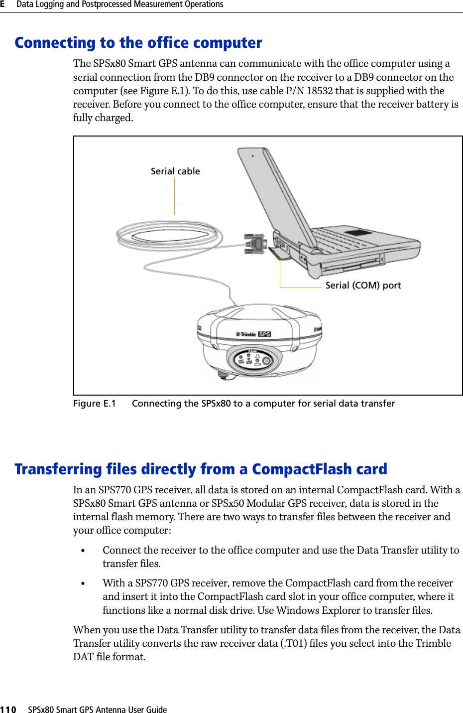 E     Data Logging and Postprocessed Measurement Operations110     SPSx80 Smart GPS Antenna User GuideConnecting to the office computerThe SPSx80 Smart GPS antenna can communicate with the office computer using a serial connection from the DB9 connector on the receiver to a DB9 connector on the computer (see Figure E.1). To do this, use cable P/N 18532 that is supplied with the receiver. Before you connect to the office computer, ensure that the receiver battery is fully charged.Figure E.1 Connecting the SPSx80 to a computer for serial data transferTransferring files directly from a CompactFlash cardIn an SPS770 GPS receiver, all data is stored on an internal CompactFlash card. With a SPSx80 Smart GPS antenna or SPSx50 Modular GPS receiver, data is stored in the internal flash memory. There are two ways to transfer files between the receiver and your office computer:•Connect the receiver to the office computer and use the Data Transfer utility to transfer files.•With a SPS770 GPS receiver, remove the CompactFlash card from the receiver and insert it into the CompactFlash card slot in your office computer, where it functions like a normal disk drive. Use Windows Explorer to transfer files. When you use the Data Transfer utility to transfer data files from the receiver, the Data Transfer utility converts the raw receiver data (.T01) files you select into the Trimble DAT file format.Serial (COM) port Serial cable