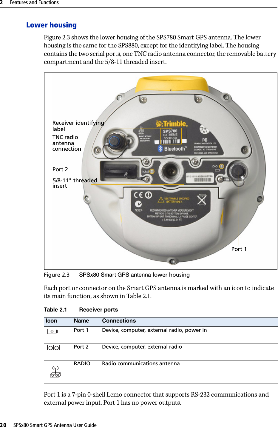 2     Features and Functions20     SPSx80 Smart GPS Antenna User GuideLower housingFigure 2.3 shows the lower housing of the SPS780 Smart GPS antenna. The lower housing is the same for the SPS880, except for the identifying label. The housing contains the two serial ports, one TNC radio antenna connector, the removable battery compartment and the 5/8-11 threaded insert.Figure 2.3 SPSx80 Smart GPS antenna lower housingEach port or connector on the Smart GPS antenna is marked with an icon to indicate its main function, as shown in Table 2.1.Port 1 is a 7-pin 0-shell Lemo connector that supports RS-232 communications and external power input. Port 1 has no power outputs.Table 2.1 Receiver portsIcon Name ConnectionsPort 1 Device, computer, external radio, power inPort 2 Device, computer, external radioRADIO Radio communications antenna  Port 1Port 2TNC radioconnectionReceiver identifying labelantenna 5/8-11&quot; threadedinsert