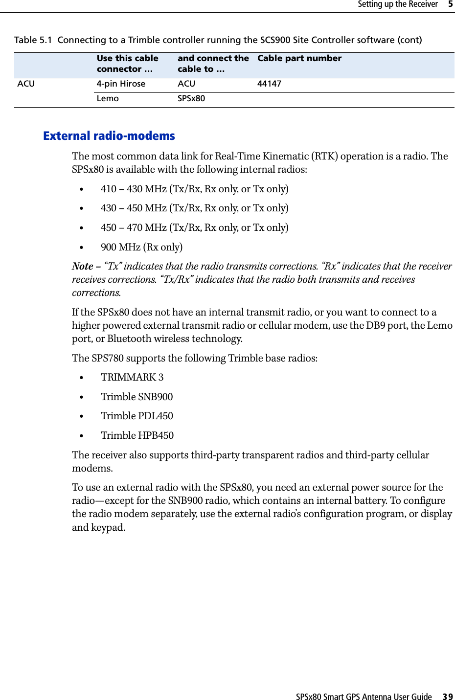 SPSx80 Smart GPS Antenna User Guide     39Setting up the Receiver     5External radio-modemsThe most common data link for Real-Time Kinematic (RTK) operation is a radio. The SPSx80 is available with the following internal radios:•410 – 430 MHz (Tx/Rx, Rx only, or Tx only)•430 – 450 MHz (Tx/Rx, Rx only, or Tx only)•450 – 470 MHz (Tx/Rx, Rx only, or Tx only)•900 MHz (Rx only)Note – “Tx” indicates that the radio transmits corrections. “Rx” indicates that the receiver receives corrections. “Tx/Rx” indicates that the radio both transmits and receives corrections.If the SPSx80 does not have an internal transmit radio, or you want to connect to a higher powered external transmit radio or cellular modem, use the DB9 port, the Lemo port, or Bluetooth wireless technology. The SPS780 supports the following Trimble base radios:•TRIMMARK 3•Trimble SNB900•Trimble PDL450•Trimble HPB450The receiver also supports third-party transparent radios and third-party cellular modems.To use an external radio with the SPSx80, you need an external power source for the radio—except for the SNB900 radio, which contains an internal battery. To configure the radio modem separately, use the external radio’s configuration program, or display and keypad.ACU 4-pin Hirose ACU 44147Lemo SPSx80Table 5.1 Connecting to a Trimble controller running the SCS900 Site Controller software (cont)Use this cable connector …and connect the cable to …Cable part number