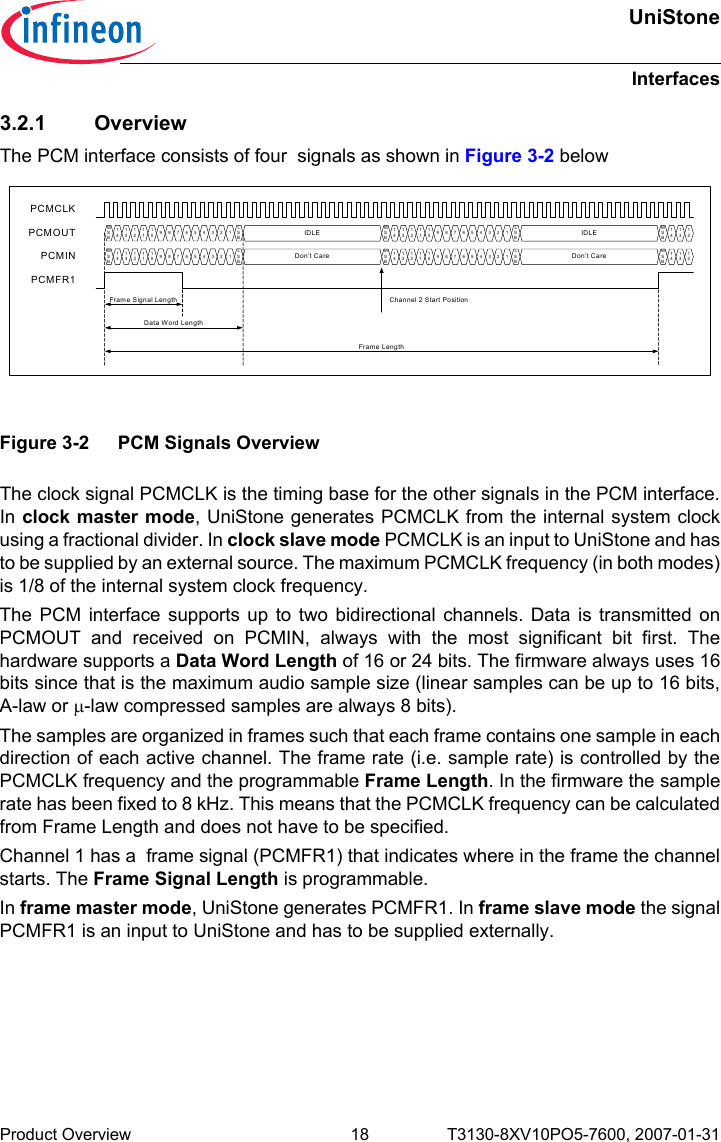 UniStoneInterfacesProduct Overview 18 T3130-8XV10PO5-7600, 2007-01-31 3.2.1 OverviewThe PCM interface consists of four  signals as shown in Figure 3-2 belowThe clock signal PCMCLK is the timing base for the other signals in the PCM interface.In clock master mode, UniStone generates PCMCLK from the internal system clockusing a fractional divider. In clock slave mode PCMCLK is an input to UniStone and hasto be supplied by an external source. The maximum PCMCLK frequency (in both modes)is 1/8 of the internal system clock frequency.The PCM interface supports up to two bidirectional channels. Data is transmitted onPCMOUT and received on PCMIN, always with the most significant bit first. Thehardware supports a Data Word Length of 16 or 24 bits. The firmware always uses 16bits since that is the maximum audio sample size (linear samples can be up to 16 bits,A-law or µ-law compressed samples are always 8 bits).The samples are organized in frames such that each frame contains one sample in eachdirection of each active channel. The frame rate (i.e. sample rate) is controlled by thePCMCLK frequency and the programmable Frame Length. In the firmware the samplerate has been fixed to 8 kHz. This means that the PCMCLK frequency can be calculatedfrom Frame Length and does not have to be specified.Channel 1 has a  frame signal (PCMFR1) that indicates where in the frame the channelstarts. The Frame Signal Length is programmable. In frame master mode, UniStone generates PCMFR1. In frame slave mode the signalPCMFR1 is an input to UniStone and has to be supplied externally.  Figure 3-2 PCM Signals OverviewPCMCLKPCMINPCMFR1PCMOUT MSB1413121110987654321LSBMSB1413121110987654321LSBMSB1413121110987654321LSBMSB1413121110987654321LSBMSB141312MSB141312IDLE IDLEDon’t Care Don’t CareChannel 2 Start PositionFrame Signal LengthData Word LengthFrame Length
