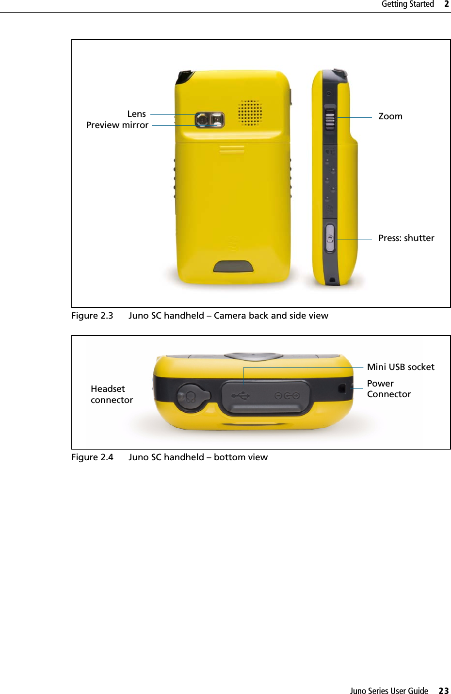 Juno Series User Guide     23Getting Started     2 Figure 2.3 Juno SC handheld – Camera back and side viewFigure 2.4 Juno SC handheld – bottom viewLensPreview mirror ZoomPress: shutterPowerMini USB socketHeadsetconnector Connector