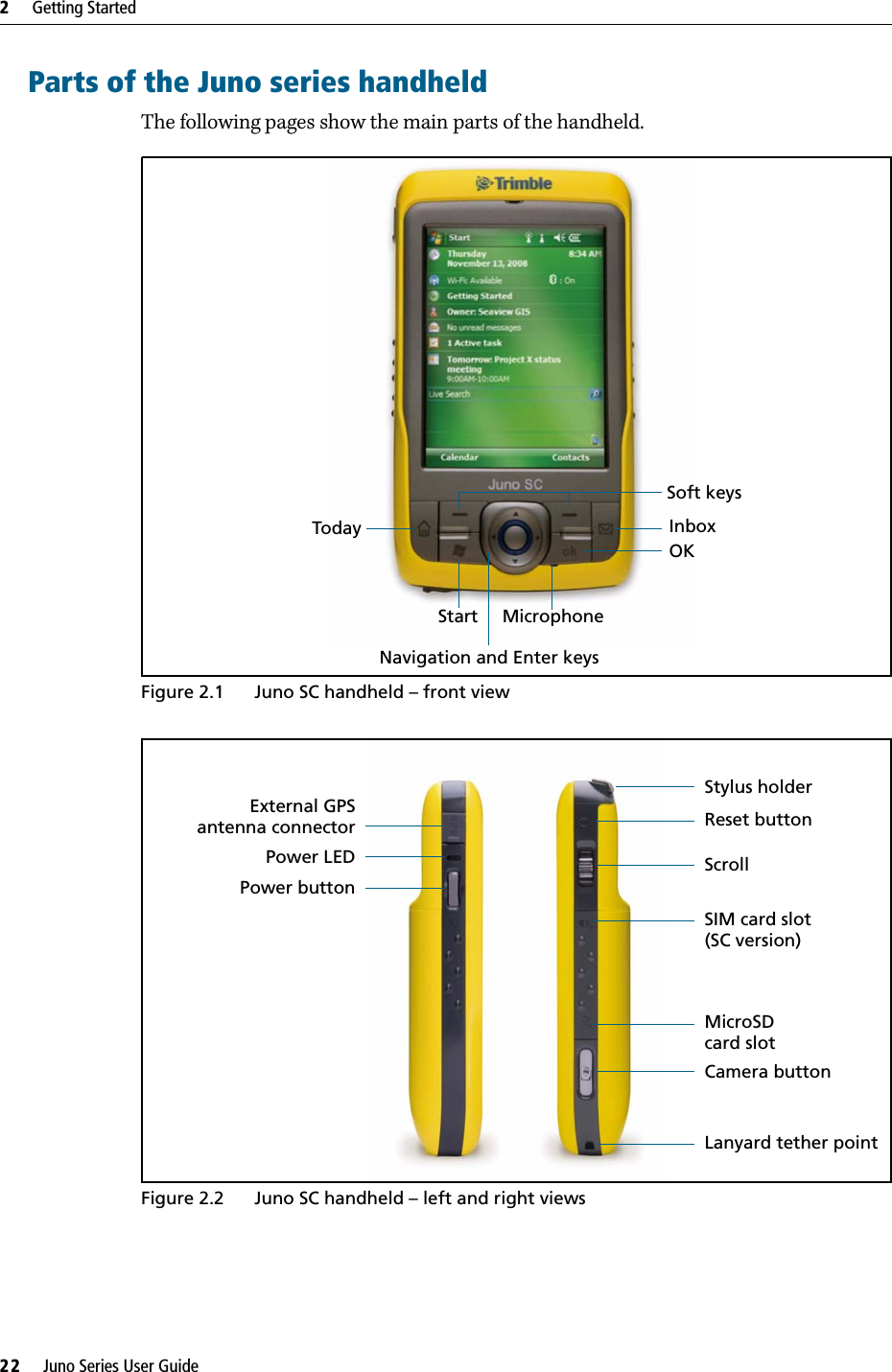 2     Getting Started22     Juno Series User GuideParts of the Juno series handheldThe following pages show the main parts of the handheld. Figure 2.1 Juno SC handheld – front view Figure 2.2 Juno SC handheld – left and right viewsSoft keysInboxOKMicrophoneNavigation and Enter keysStartTodayExternal GPSantenna connectorPower buttonStylus holderReset buttonScrollSIM card slot(SC version)MicroSDcard slot Camera buttonLanyard tether pointPower LED