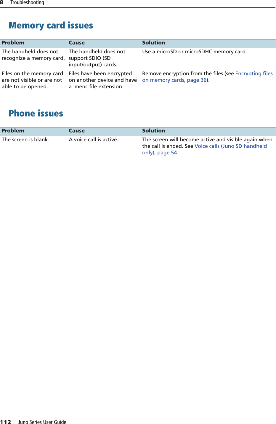 8     Troubleshooting112     Juno Series User GuideMemory card issues  Phone issues  Problem Cause SolutionThe handheld does not recognize a memory card.The handheld does not support SDIO (SD input/output) cards.Use a microSD or microSDHC memory card.Files on the memory card are not visible or are not able to be opened.Files have been encrypted on another device and have a .menc file extension.Remove encryption from the files (see Encrypting files on memory cards, page 36).Problem Cause SolutionThe screen is blank. A voice call is active. The screen will become active and visible again when the call is ended. See Voice calls (Juno SD handheld only), page 54.