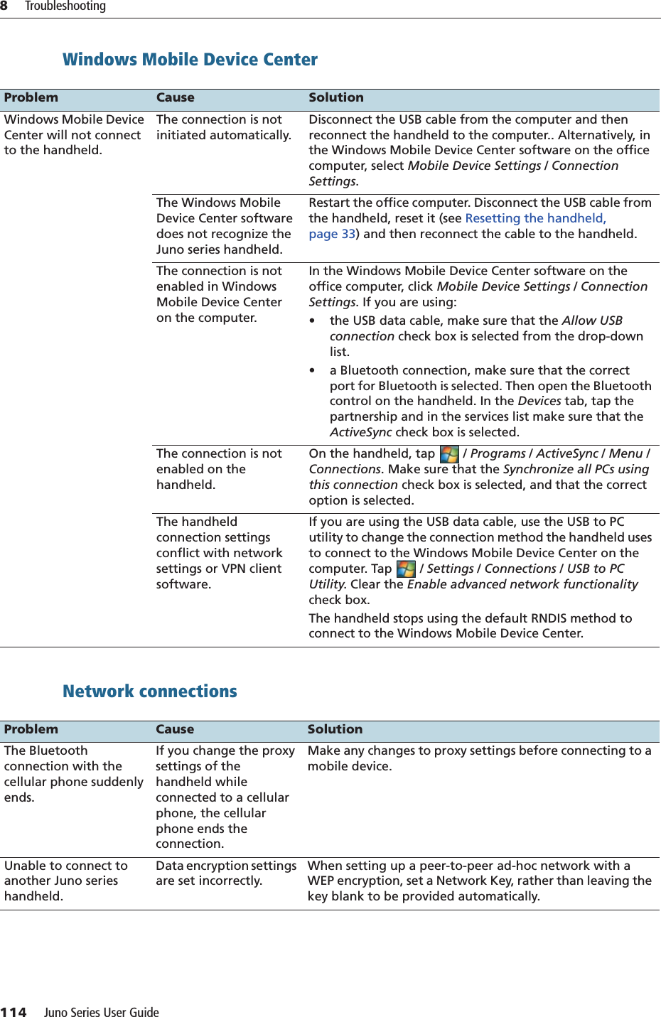 8     Troubleshooting114     Juno Series User GuideWindows Mobile Device Center   Network connections   Problem Cause SolutionWindows Mobile Device Center will not connect to the handheld.The connection is not initiated automatically.Disconnect the USB cable from the computer and then reconnect the handheld to the computer.. Alternatively, in the Windows Mobile Device Center software on the office computer, select Mobile Device Settings /Connection Settings.The Windows Mobile Device Center software does not recognize the Juno series handheld.Restart the office computer. Disconnect the USB cable from the handheld, reset it (see Resetting the handheld, page 33) and then reconnect the cable to the handheld.The connection is not enabled in Windows Mobile Device Center on the computer.In the Windows Mobile Device Center software on the office computer, click Mobile Device Settings / Connection Settings. If you are using:• the USB data cable, make sure that the Allow USB connection check box is selected from the drop-down list.• a Bluetooth connection, make sure that the correct port for Bluetooth is selected. Then open the Bluetooth control on the handheld. In the Devices tab, tap the partnership and in the services list make sure that the ActiveSync check box is selected.The connection is not enabled on the handheld.On the handheld, tap  / Programs / ActiveSync / Menu / Connections. Make sure that the Synchronize all PCs using this connection check box is selected, and that the correct option is selected.The handheld connection settings conflict with network settings or VPN client software.If you are using the USB data cable, use the USB to PC utility to change the connection method the handheld uses to connect to the Windows Mobile Device Center on the computer. Tap  / Settings / Connections / USB to PC Utility. Clear the Enable advanced network functionality check box.The handheld stops using the default RNDIS method to connect to the Windows Mobile Device Center.Problem Cause SolutionThe Bluetooth connection with the cellular phone suddenly ends.If you change the proxy settings of the handheld while connected to a cellular phone, the cellular phone ends the connection.Make any changes to proxy settings before connecting to a mobile device.Unable to connect to another Juno series handheld.Data encryption settings are set incorrectly.When setting up a peer-to-peer ad-hoc network with a WEP encryption, set a Network Key, rather than leaving the key blank to be provided automatically. 