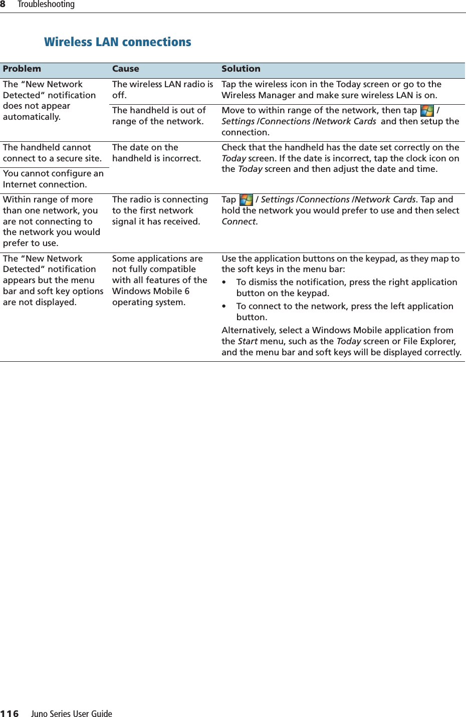 8     Troubleshooting116     Juno Series User GuideWireless LAN connections    Problem Cause SolutionThe “New Network Detected” notification does not appear automatically.The wireless LAN radio is off.Tap the wireless icon in the Today screen or go to the Wireless Manager and make sure wireless LAN is on.The handheld is out of range of the network.Move to within range of the network, then tap  / Settings /Connections /Network Cards  and then setup the connection.The handheld cannot connect to a secure site.The date on the handheld is incorrect.Check that the handheld has the date set correctly on the Today screen. If the date is incorrect, tap the clock icon on the Today screen and then adjust the date and time.You cannot configure an Internet connection.Within range of more than one network, you are not connecting to the network you would prefer to use.The radio is connecting to the first network signal it has received.Tap / Settings /Connections /Network Cards. Tap and hold the network you would prefer to use and then select Connect. The “New Network Detected” notification appears but the menu bar and soft key options are not displayed.Some applications are not fully compatible with all features of the Windows Mobile 6 operating system.Use the application buttons on the keypad, as they map to the soft keys in the menu bar:• To dismiss the notification, press the right application button on the keypad. • To connect to the network, press the left application button. Alternatively, select a Windows Mobile application from the Start menu, such as the Today screen or File Explorer, and the menu bar and soft keys will be displayed correctly.