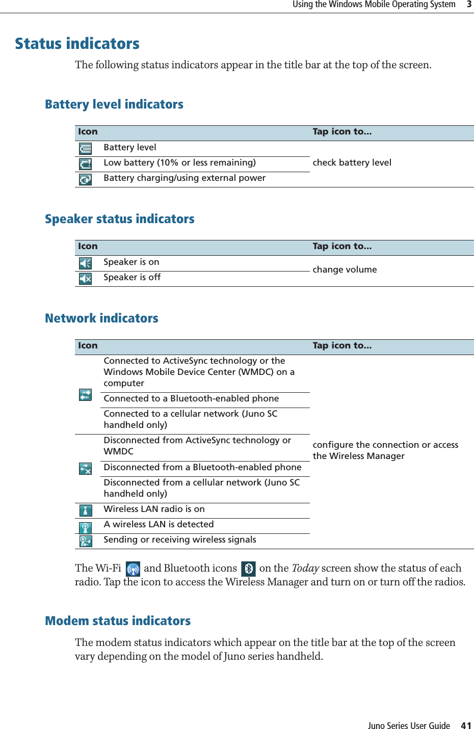 Juno Series User Guide     41Using the Windows Mobile Operating System     3Status indicatorsThe following status indicators appear in the title bar at the top of the screen. Battery level indicatorsSpeaker status indicatorsNetwork indicatorsThe Wi-Fi   and Bluetooth icons   on the Today screen show the status of each radio. Tap the icon to access the Wireless Manager and turn on or turn off the radios.Modem status indicatorsThe modem status indicators which appear on the title bar at the top of the screen vary depending on the model of Juno series handheld.Icon Tap icon to...Battery levelcheck battery levelLow battery (10% or less remaining)Battery charging/using external powerIcon Tap icon to...Speaker is on change volumeSpeaker is offIcon Tap icon to...Connected to ActiveSync technology or the Windows Mobile Device Center (WMDC) on a computerconfigure the connection or access the Wireless ManagerConnected to a Bluetooth-enabled phoneConnected to a cellular network (Juno SC handheld only)Disconnected from ActiveSync technology or WMDCDisconnected from a Bluetooth-enabled phoneDisconnected from a cellular network (Juno SC handheld only)Wireless LAN radio is onA wireless LAN is detectedSending or receiving wireless signals