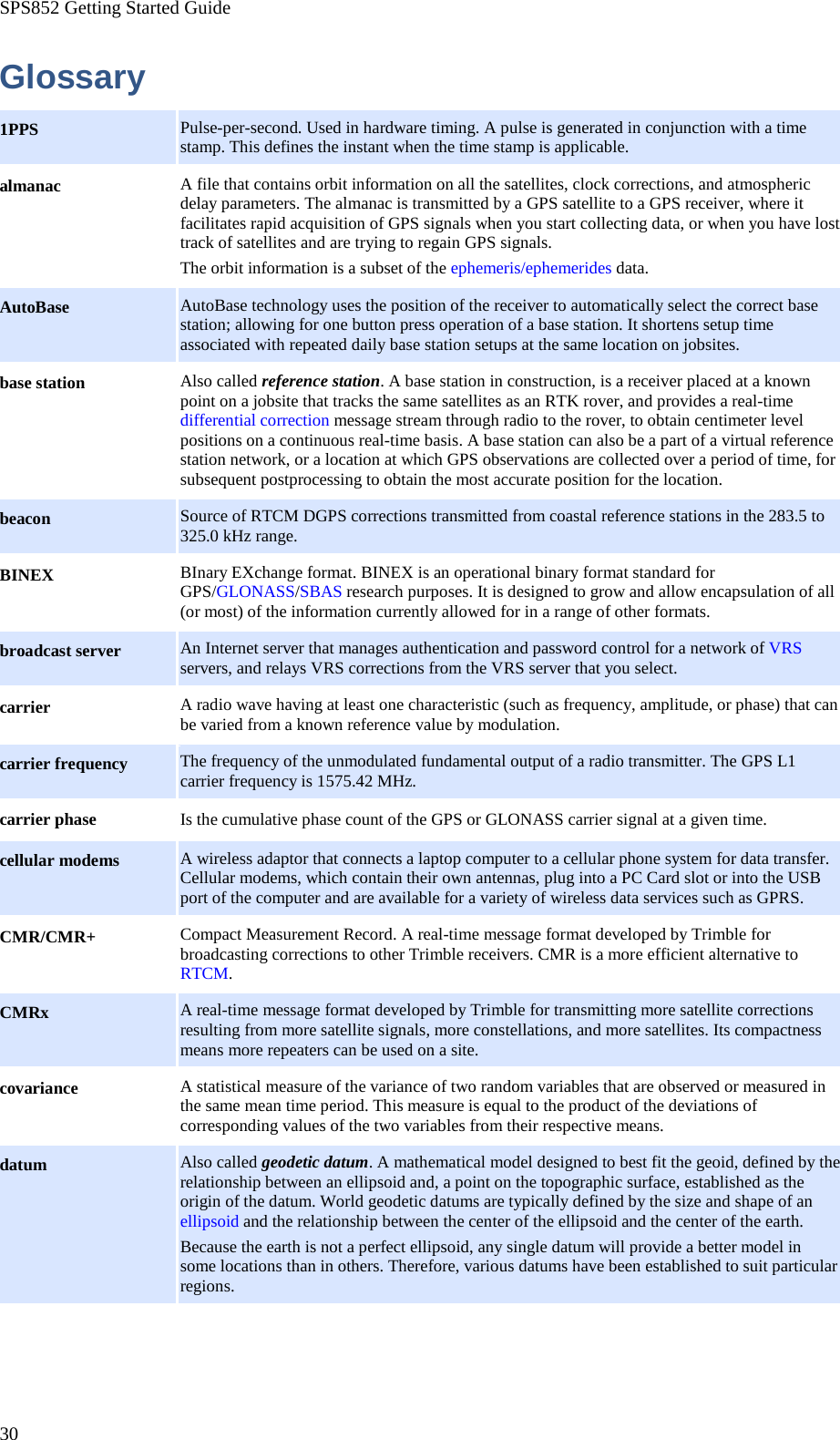SPS852 Getting Started Guide 30 Glossary 1PPS Pulse-per-second. Used in hardware timing. A pulse is generated in conjunction with a time stamp. This defines the instant when the time stamp is applicable. almanac A file that contains orbit information on all the satellites, clock corrections, and atmospheric delay parameters. The almanac is transmitted by a GPS satellite to a GPS receiver, where it facilitates rapid acquisition of GPS signals when you start collecting data, or when you have lost track of satellites and are trying to regain GPS signals. The orbit information is a subset of the ephemeris/ephemerides data. AutoBase AutoBase technology uses the position of the receiver to automatically select the correct base station; allowing for one button press operation of a base station. It shortens setup time associated with repeated daily base station setups at the same location on jobsites. base station Also called reference station. A base station in construction, is a receiver placed at a known point on a jobsite that tracks the same satellites as an RTK rover, and provides a real-time differential correction message stream through radio to the rover, to obtain centimeter level positions on a continuous real-time basis. A base station can also be a part of a virtual reference station network, or a location at which GPS observations are collected over a period of time, for subsequent postprocessing to obtain the most accurate position for the location. beacon Source of RTCM DGPS corrections transmitted from coastal reference stations in the 283.5 to 325.0 kHz range. BINEX BInary EXchange format. BINEX is an operational binary format standard for GPS/GLONASS/SBAS research purposes. It is designed to grow and allow encapsulation of all (or most) of the information currently allowed for in a range of other formats. broadcast server An Internet server that manages authentication and password control for a network of VRS servers, and relays VRS corrections from the VRS server that you select. carrier A radio wave having at least one characteristic (such as frequency, amplitude, or phase) that can be varied from a known reference value by modulation. carrier frequency The frequency of the unmodulated fundamental output of a radio transmitter. The GPS L1 carrier frequency is 1575.42 MHz. carrier phase Is the cumulative phase count of the GPS or GLONASS carrier signal at a given time. cellular modems A wireless adaptor that connects a laptop computer to a cellular phone system for data transfer. Cellular modems, which contain their own antennas, plug into a PC Card slot or into the USB port of the computer and are available for a variety of wireless data services such as GPRS. CMR/CMR+ Compact Measurement Record. A real-time message format developed by Trimble for broadcasting corrections to other Trimble receivers. CMR is a more efficient alternative to RTCM. CMRx A real-time message format developed by Trimble for transmitting more satellite corrections resulting from more satellite signals, more constellations, and more satellites. Its compactness means more repeaters can be used on a site. covariance A statistical measure of the variance of two random variables that are observed or measured in the same mean time period. This measure is equal to the product of the deviations of corresponding values of the two variables from their respective means. datum Also called geodetic datum. A mathematical model designed to best fit the geoid, defined by the relationship between an ellipsoid and, a point on the topographic surface, established as the origin of the datum. World geodetic datums are typically defined by the size and shape of an ellipsoid and the relationship between the center of the ellipsoid and the center of the earth. Because the earth is not a perfect ellipsoid, any single datum will provide a better model in some locations than in others. Therefore, various datums have been established to suit particular regions. 