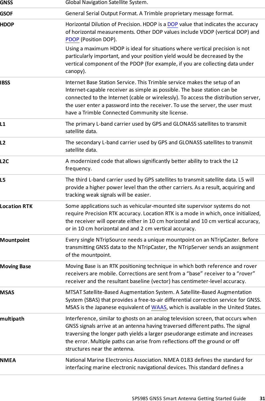 GNSS Global Navigation Satellite System.GSOF General Serial Output Format. A Trimble proprietary message format.HDOP Horizontal Dilution of Precision. HDOP is a DOP value that indicates the accuracyof horizontal measurements. Other DOP values include VDOP (vertical DOP) andPDOP (Position DOP).Using a maximum HDOP is ideal for situations where vertical precision is notparticularly important, and your position yield would be decreased by thevertical component of the PDOP (for example, if you are collecting data undercanopy).IBSS Internet Base Station Service. This Trimble service makes the setup of anInternet-capable receiver as simple as possible. The base station can beconnected to the Internet (cable or wirelessly). To access the distribution server,the user enter a password into the receiver. To use the server, the user musthave a Trimble Connected Community site license.L1 The primary L-band carrier used by GPS and GLONASS satellites to transmitsatellite data.L2 The secondary L-band carrier used by GPS and GLONASS satellites to transmitsatellite data.L2C A modernized code that allows significantly better ability to track the L2frequency.L5 The third L-band carrier used by GPS satellites to transmit satellite data. L5 willprovide a higher power level than the other carriers. As a result, acquiring andtracking weak signals will be easier.Location RTK Some applications such as vehicular-mounted site supervisor systems do notrequire Precision RTK accuracy. Location RTK is a mode in which, once initialized,the receiver will operate either in 10 cm horizontal and 10 cm vertical accuracy,or in 10 cm horizontal and and 2 cm vertical accuracy.Mountpoint Every single NTripSource needs a unique mountpoint on an NTripCaster. Beforetransmitting GNSS data to the NTripCaster, the NTripServer sends an assignmentof the mountpoint.Moving Base Moving Base is an RTK positioning technique in which both reference and roverreceivers are mobile. Corrections are sent from a “base” receiver to a “rover”receiver and the resultant baseline (vector) has centimeter-level accuracy.MSAS MTSAT Satellite-Based Augmentation System. A Satellite-Based AugmentationSystem (SBAS) that provides a free-to-air differential correction service for GNSS.MSAS is the Japanese equivalent of WAAS, which is available in the United States.multipath Interference, similar to ghosts on an analog television screen, that occurs whenGNSS signals arrive at an antenna having traversed different paths. The signaltraversing the longer path yields a larger pseudorange estimate and increasesthe error. Multiple paths can arise from reflections off the ground or offstructures near the antenna.NMEA National Marine Electronics Association. NMEA 0183 defines the standard forinterfacing marine electronic navigational devices. This standard defines aSPS985 GNSS Smart Antenna Getting Started Guide 31