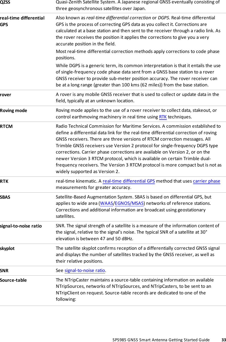 QZSS Quasi-Zenith Satellite System. A Japanese regional GNSS eventually consisting ofthree geosynchronous satellites over Japan.real-time differentialGPSAlso known as real-time differential correction or DGPS. Real-time differentialGPS is the process of correcting GPS data as you collect it. Corrections arecalculated at a base station and then sent to the receiver through a radio link. Asthe rover receives the position it applies the corrections to give you a veryaccurate position in the field.Most real-time differential correction methods apply corrections to code phasepositions.While DGPS is a generic term, its common interpretation is that it entails the useof single-frequency code phase data sent from a GNSS base station to a roverGNSS receiver to provide sub-meter position accuracy. The rover receiver canbe at a long range (greater than 100 kms (62 miles)) from the base station.rover A rover is any mobile GNSS receiver that is used to collect or update data in thefield, typically at an unknown location.Roving mode Roving mode applies to the use of a rover receiver to collect data, stakeout, orcontrol earthmoving machinery in real time using RTK techniques.RTCM Radio Technical Commission for Maritime Services. A commission established todefine a differential data link for the real-time differential correction of rovingGNSS receivers. There are three versions of RTCM correction messages. AllTrimble GNSS receivers use Version 2 protocol for single-frequency DGPS typecorrections. Carrier phase corrections are available on Version 2, or on thenewer Version 3 RTCM protocol, which is available on certain Trimble dual-frequency receivers. The Version 3 RTCM protocol is more compact but is not aswidely supported as Version 2.RTK real-time kinematic. A real-time differential GPS method that uses carrier phasemeasurements for greater accuracy.SBAS Satellite-Based Augmentation System. SBAS is based on differential GPS, butapplies to wide area (WAAS/EGNOS/MSAS) networks of reference stations.Corrections and additional information are broadcast using geostationarysatellites.signal-to-noise ratio SNR. The signal strength of a satellite is a measure of the information content ofthe signal, relative to the signal’s noise. The typical SNR of a satellite at 30°elevation is between 47 and 50 dBHz.skyplot The satellite skyplot confirms reception of a differentially corrected GNSS signaland displays the number of satellites tracked by the GNSS receiver, as well astheir relative positions.SNR See signal-to-noise ratio.Source-table The NTripCaster maintains a source-table containing information on availableNTripSources, networks of NTripSources, and NTripCasters, to be sent to anNTripClient on request. Source-table records are dedicated to one of thefollowing:SPS985 GNSS Smart Antenna Getting Started Guide 33