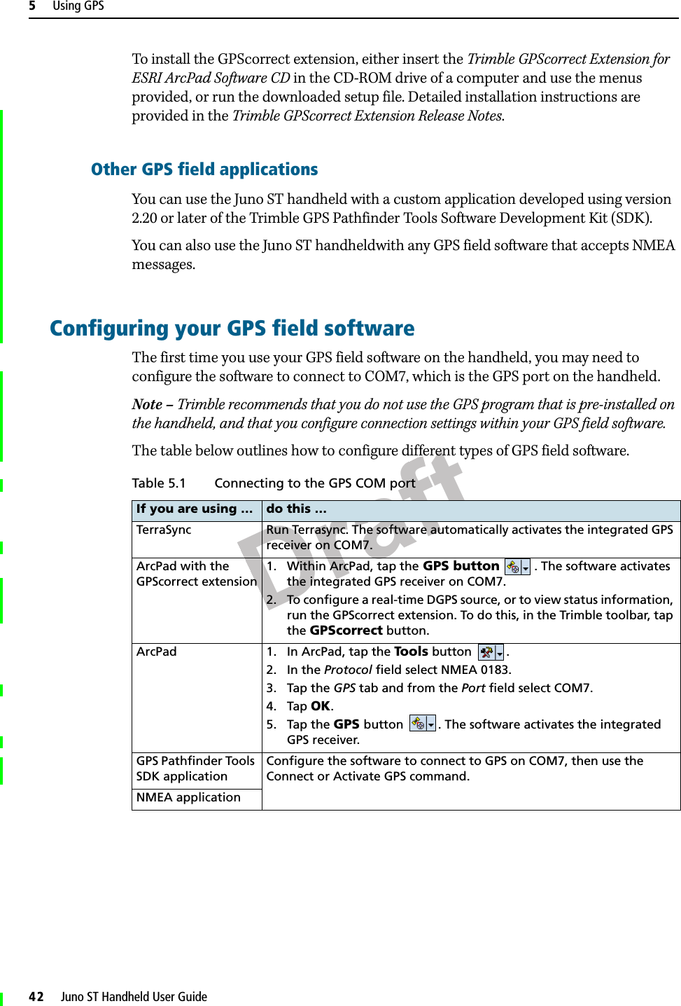 Draft5     Using GPS42     Juno ST Handheld User GuideTo install the GPScorrect extension, either insert the Trimble GPScorrect Extension for ESRI ArcPad Software CD in the CD-ROM drive of a computer and use the menus provided, or run the downloaded setup file. Detailed installation instructions are provided in the Trimble GPScorrect Extension Release Notes.Other GPS field applicationsYou can use the Juno ST handheld with a custom application developed using version 2.20 or later of the Trimble GPS Pathfinder Tools Software Development Kit (SDK).You can also use the Juno ST handheldwith any GPS field software that accepts NMEA messages.Configuring your GPS field softwareThe first time you use your GPS field software on the handheld, you may need to configure the software to connect to COM7, which is the GPS port on the handheld.Note – Trimble recommends that you do not use the GPS program that is pre-installed on the handheld, and that you configure connection settings within your GPS field software.The table below outlines how to configure different types of GPS field software.Table 5.1 Connecting to the GPS COM portIf you are using … do this …TerraSync Run Terrasync. The software automatically activates the integrated GPS receiver on COM7.ArcPad with the GPScorrect extension1. Within ArcPad, tap the GPS button  . The software activates the integrated GPS receiver on COM7.2. To configure a real-time DGPS source, or to view status information, run the GPScorrect extension. To do this, in the Trimble toolbar, tap the GPScorrect button.ArcPad 1. In ArcPad, tap the Tools button  .2. In the Protocol field select NMEA 0183.3. Tap the GPS tab and from the Port field select COM7.4. Tap OK.5. Tap the GPS button  . The software activates the integrated GPS receiver.GPS Pathfinder Tools SDK applicationConfigure the software to connect to GPS on COM7, then use the Connect or Activate GPS command.NMEA application
