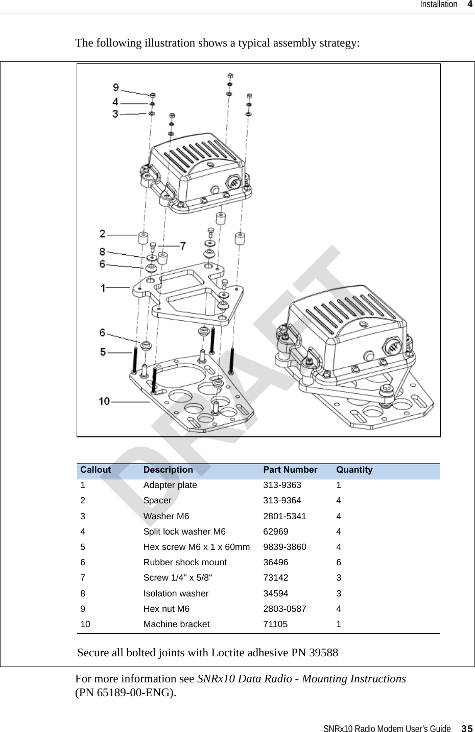 SNRx10 Radio Modem User’s Guide     35Installation     4The following illustration shows a typical assembly strategy:For more information see SNRx10 Data Radio - Mounting Instructions (PN 65189-00-ENG).Secure all bolted joints with Loctite adhesive PN 39588Callout Description Part Number Quantity1 Adapter plate 313-9363 12 Spacer 313-9364 43 Washer M6 2801-5341 44 Split lock washer M6 62969 45 Hex screw M6 x 1 x 60mm 9839-3860 46 Rubber shock mount 36496 67 Screw 1/4&quot; x 5/8&quot; 73142 38 Isolation washer 34594 39 Hex nut M6 2803-0587 410 Machine bracket 71105 1DRAFT