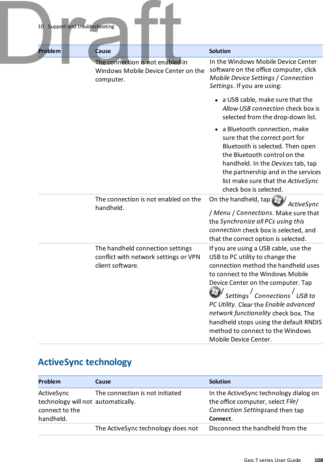 10 Support and troubleshootingProblem Cause SolutionThe connection is not enabled inWindows Mobile Device Center on thecomputer.In the Windows Mobile Device Centersoftware on the office computer, clickMobile Device Settings /ConnectionSettings. If you are using:la USB cable, make sure that theAllow USB connection check box isselected from the drop-down list.la Bluetooth connection, makesure that the correct port forBluetooth is selected. Then openthe Bluetooth control on thehandheld. In the Devices tab, tapthe partnership and in the serviceslist make sure that the ActiveSynccheck box is selected.The connection is not enabled on thehandheld.On the handheld, tap / ActiveSync/Menu /Connections. Make sure thatthe Synchronize all PCs using thisconnection check box is selected, andthat the correct option is selected.The handheld connection settingsconflict with network settings or VPNclient software.If you are using a USB cable, use theUSB to PC utility to change theconnection method the handheld usesto connect to the Windows MobileDevice Center on the computer. Tap/Settings /Connections /USB toPC Utility. Clear the Enable advancednetwork functionality check box. Thehandheld stops using the default RNDISmethod to connect to the WindowsMobile Device Center.ActiveSync technologyProblem Cause SolutionActiveSynctechnology will notconnect to thehandheld.The connection is not initiatedautomatically.In the ActiveSync technology dialog onthe office computer, select File/Connection Settingsand then tapConnect.The ActiveSync technology does not Disconnect the handheld from theGeo 7 series User Guide 108Draft