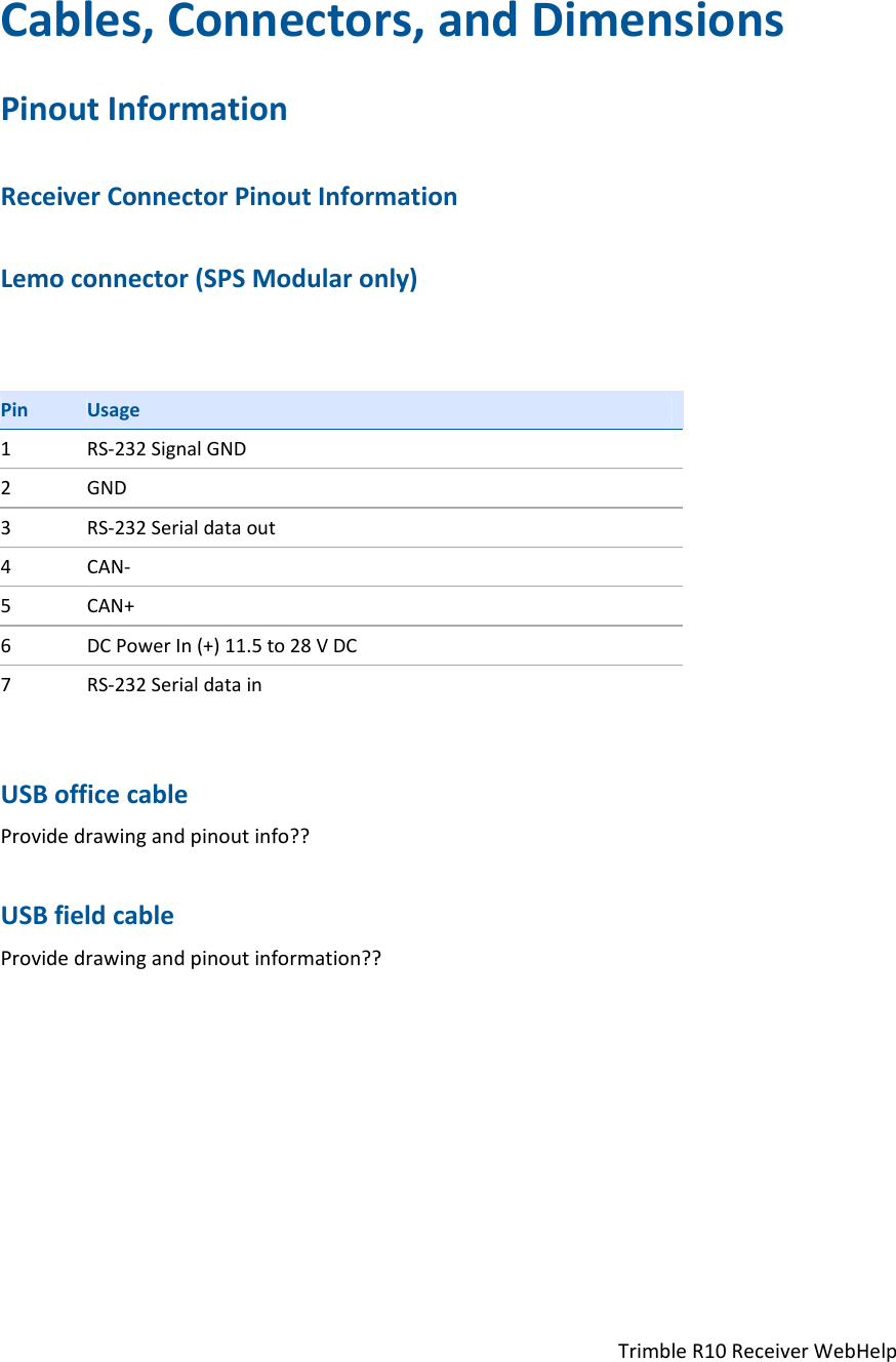 TrimbleR10ReceiverWebHelpCables,Connectors,andDimensionsPinoutInformationReceiverConnectorPinoutInformationLemoconnector(SPSModularonly)PinUsage1RS‐232SignalGND2GND3RS‐232Serialdataout4CAN‐5CAN+6DCPowerIn(+)11.5to28VDC7RS‐232SerialdatainUSBofficecableProvidedrawingandpinoutinfo??USBfieldcableProvidedrawingandpinoutinformation??