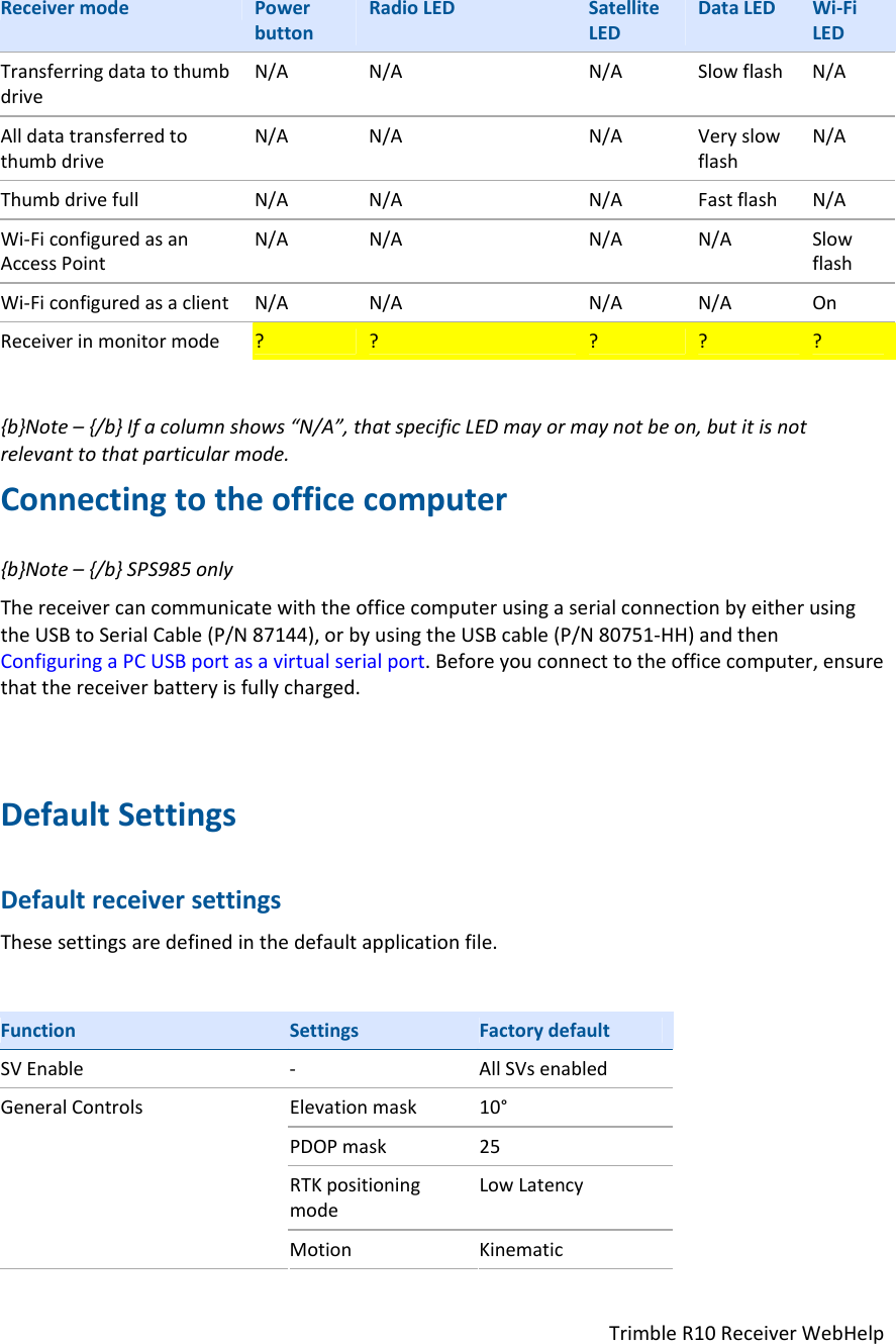 TrimbleR10ReceiverWebHelpReceivermodePowerbuttonRadioLEDSatelliteLEDDataLEDWi‐FiLEDTransferringdatatothumbdriveN/AN/AN/ASlowflashN/AAlldatatransferredtothumbdriveN/AN/AN/AVeryslowflashN/AThumbdrivefullN/AN/AN/AFastflashN/AWi‐FiconfiguredasanAccessPointN/AN/AN/AN/ASlowflashWi‐FiconfiguredasaclientN/AN/AN/AN/AOnReceiverinmonitormode?????{b}Note–{/b}Ifacolumnshows“N/A”,thatspecificLEDmayormaynotbeon,butitisnotrelevanttothatparticularmode.Connectingtotheofficecomputer{b}Note–{/b}SPS985onlyThereceivercancommunicatewiththeofficecomputerusingaserialconnectionbyeitherusingtheUSBtoSerialCable(P/N87144),orbyusingtheUSBcable(P/N80751‐HH)andthenConfiguringaPCUSBportasavirtualserialport.Beforeyouconnecttotheofficecomputer,ensurethatthereceiverbatteryisfullycharged.DefaultSettingsDefaultreceiversettingsThesesettingsaredefinedinthedefaultapplicationfile.FunctionSettingsFactorydefaultSVEnable‐AllSVsenabledElevationmask10°PDOPmask25RTKpositioningmodeLowLatencyGeneralControlsMotionKinematic
