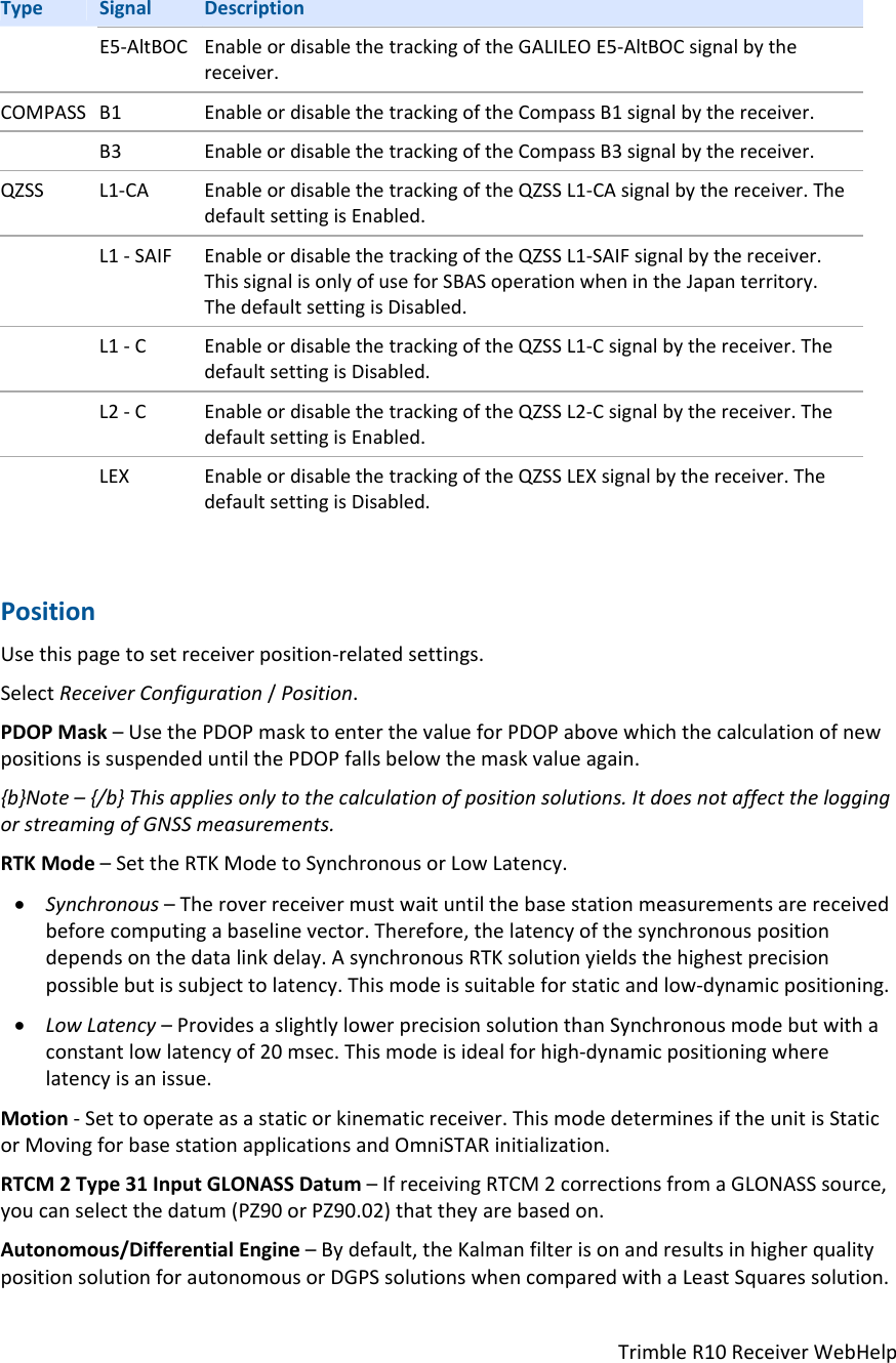 TrimbleR10ReceiverWebHelpTypeSignalDescriptionE5‐AltBOCEnableordisablethetrackingoftheGALILEOE5‐AltBOCsignalbythereceiver.COMPASSB1EnableordisablethetrackingoftheCompassB1signalbythereceiver. B3EnableordisablethetrackingoftheCompassB3signalbythereceiver.QZSSL1‐CAEnableordisablethetrackingoftheQZSSL1‐CAsignalbythereceiver.ThedefaultsettingisEnabled. L1‐SAIFEnableordisablethetrackingoftheQZSSL1‐SAIFsignalbythereceiver.ThissignalisonlyofuseforSBASoperationwhenintheJapanterritory.ThedefaultsettingisDisabled. L1‐CEnableordisablethetrackingoftheQZSSL1‐Csignalbythereceiver.ThedefaultsettingisDisabled. L2‐CEnableordisablethetrackingoftheQZSSL2‐Csignalbythereceiver.ThedefaultsettingisEnabled. LEXEnableordisablethetrackingoftheQZSSLEXsignalbythereceiver.ThedefaultsettingisDisabled.PositionUsethispagetosetreceiverposition‐relatedsettings.SelectReceiverConfiguration/Position.PDOPMask–UsethePDOPmasktoenterthevalueforPDOPabovewhichthecalculationofnewpositionsissuspendeduntilthePDOPfallsbelowthemaskvalueagain.{b}Note–{/b}Thisappliesonlytothecalculationofpositionsolutions.ItdoesnotaffecttheloggingorstreamingofGNSSmeasurements.RTKMode–SettheRTKModetoSynchronousorLowLatency. Synchronous–Theroverreceivermustwaituntilthebasestationmeasurementsarereceivedbeforecomputingabaselinevector.Therefore,thelatencyofthesynchronouspositiondependsonthedatalinkdelay.AsynchronousRTKsolutionyieldsthehighestprecisionpossiblebutissubjecttolatency.Thismodeissuitableforstaticandlow‐dynamicpositioning. LowLatency–ProvidesaslightlylowerprecisionsolutionthanSynchronousmodebutwithaconstantlowlatencyof20msec.Thismodeisidealforhigh‐dynamicpositioningwherelatencyisanissue.Motion‐Settooperateasastaticorkinematicreceiver.ThismodedeterminesiftheunitisStaticorMovingforbasestationapplicationsandOmniSTARinitialization.RTCM2Type31InputGLONASSDatum–IfreceivingRTCM2correctionsfromaGLONASSsource,youcanselectthedatum(PZ90orPZ90.02)thattheyarebasedon.Autonomous/DifferentialEngine–Bydefault,theKalmanfilterisonandresultsinhigherqualitypositionsolutionforautonomousorDGPSsolutionswhencomparedwithaLeastSquaressolution.