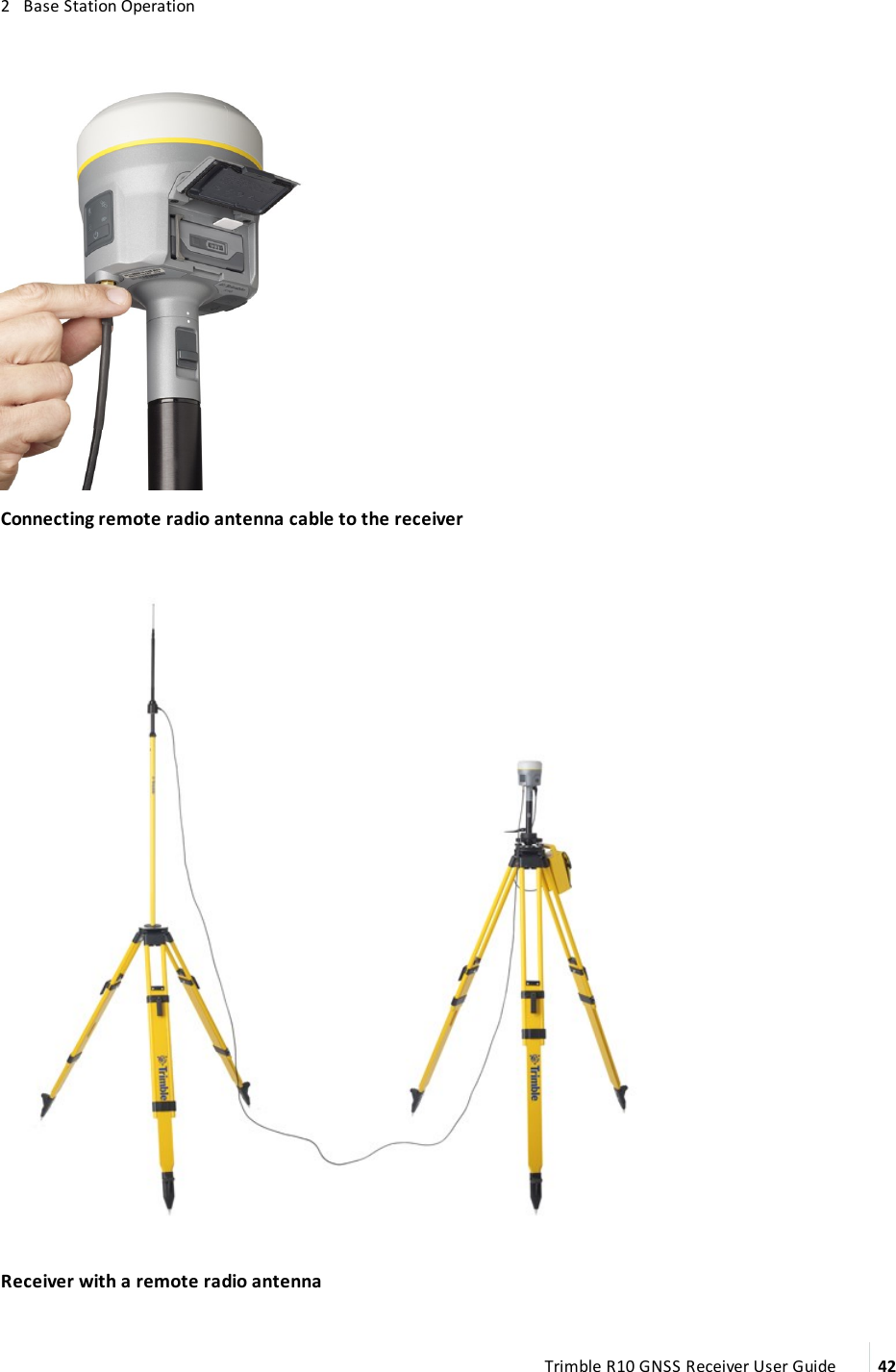 2   Base Station OperationConnecting remote radio antenna cable to the  receiver Receiver with a remote radio antennaTrimble R10 GNSS Receiver User Guide 42