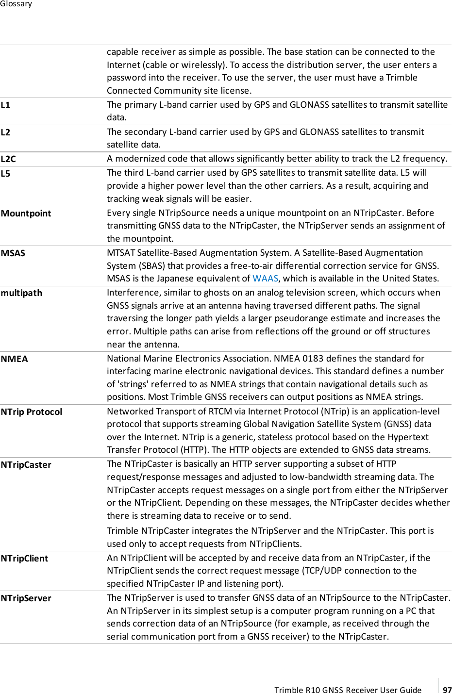Glossarycapable receiver as simple as possible. The base station can be connected to the Internet (cable or wirelessly). To access the distribution server, the user enters a password into the receiver. To use the server, the user must have a Trimble Connected Community site license.L1 The primary L-band carrier used by GPS and GLONASS satellites to transmit satellite data.L2 The secondary L-band carrier used by GPS and GLONASS satellites to transmit satellite data.L2C A modernized code that allows significantly better ability to track the L2 frequency.L5 The third L-band carrier used by GPS satellites to transmit satellite data. L5 will provide a higher power level than the other carriers. As a result, acquiring and tracking weak signals will be easier.Mountpoint Every single NTripSource needs a unique mountpoint on an NTripCaster. Before transmitting GNSS data to the NTripCaster, the NTripServer sends an assignment of the mountpoint.MSAS MTSAT Satellite-Based Augmentation System. A Satellite-Based Augmentation System (SBAS) that provides a free-to-air differential correction service for GNSS. MSAS is the Japanese equivalent of WAAS, which is available in the United States.multipath Interference, similar to ghosts on an analog television screen, which occurs when GNSS signals arrive at an antenna having traversed different paths. The signal traversing the longer path yields a larger pseudorange estimate and increases the error. Multiple paths can arise from reflections off the ground or off structures near the antenna.NMEA National Marine Electronics Association. NMEA 0183 defines the standard for interfacing marine electronic navigational devices. This standard defines a number of &apos;strings&apos; referred to as NMEA strings that contain navigational details such as positions. Most Trimble GNSS receivers can output positions as NMEA strings.NTrip Protocol Networked Transport of RTCM via Internet Protocol (NTrip) is an application-level protocol that supports streaming Global Navigation Satellite System (GNSS) data over the Internet. NTrip is a generic, stateless protocol based on the Hypertext Transfer Protocol (HTTP). The HTTP objects are extended to GNSS data streams.NTripCaster The NTripCaster is basically an HTTP server supporting a subset of HTTP request/response messages and adjusted to low-bandwidth streaming data. The NTripCaster accepts request messages on a single port from either the NTripServer or the NTripClient. Depending on these messages, the NTripCaster decides whether there is streaming data to receive or to send.Trimble NTripCaster integrates the NTripServer and the NTripCaster. This port is used only to accept requests from NTripClients.NTripClient An NTripClient will be accepted by and receive data from an NTripCaster, if the NTripClient sends the correct request message (TCP/UDP connection to the specified NTripCaster IP and listening port).NTripServer The NTripServer is used to transfer GNSS data of an NTripSource to the NTripCaster. An NTripServer in its simplest setup is a computer program running on a PC that sends correction data of an NTripSource (for example, as received through the serial communication port from a GNSS receiver) to the NTripCaster.Trimble R10 GNSS Receiver User Guide 97