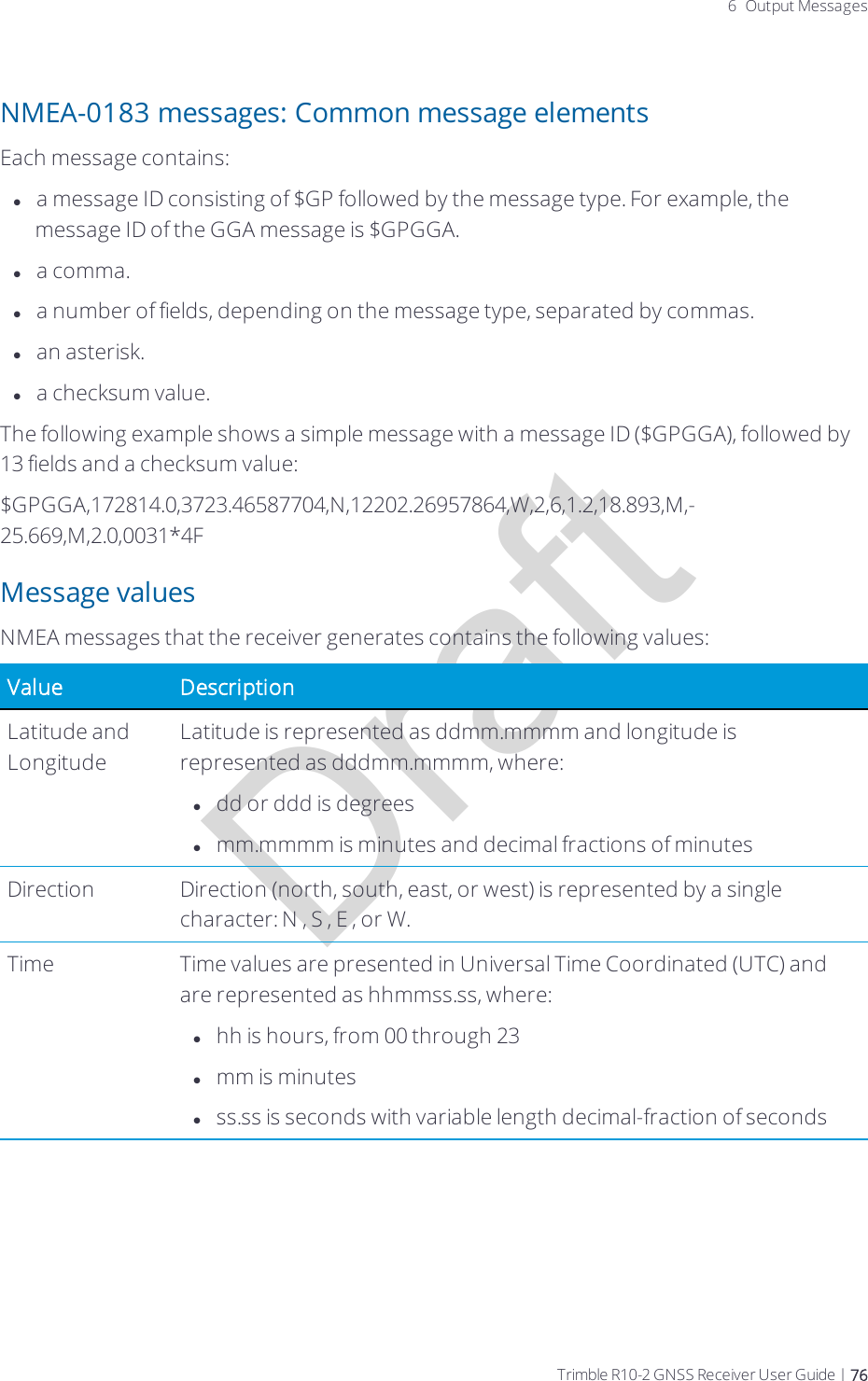 Draft6 Output MessagesNMEA-0183 messages: Common message elementsEach message contains:la message ID consisting of $GP followed by the message type. For example, the message ID of the GGA message is $GPGGA.la comma.la number of fields, depending on the message type, separated by commas.lan asterisk.la checksum value.The following example shows a simple message with a message ID ($GPGGA), followed by 13 fields and a checksum value:$GPGGA,172814.0,3723.46587704,N,12202.26957864,W,2,6,1.2,18.893,M,-25.669,M,2.0,0031*4FMessage valuesNMEA messages that the receiver generates contains the following values:Value DescriptionLatitude and LongitudeLatitude is represented as ddmm.mmmm and longitude is represented as dddmm.mmmm, where: ldd or ddd is degrees  lmm.mmmm is minutes and decimal fractions of minutesDirection Direction (north, south, east, or west) is represented by a single character: N , S , E , or W.Time Time values are presented in Universal Time Coordinated (UTC) and are represented as hhmmss.ss, where:  lhh is hours, from 00 through 23  lmm is minutes  lss.ss is seconds with variable length decimal-fraction of secondsTrimble R10-2 GNSS Receiver User Guide | 76