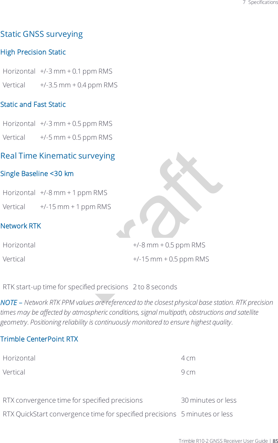 Draft7 SpecificationsStatic GNSS surveyingHigh Precision StaticHorizontal +/-3 mm + 0.1 ppm RMSVertical +/-3.5 mm + 0.4 ppm RMSStatic and Fast StaticHorizontal +/-3 mm + 0.5 ppm RMSVertical +/-5 mm + 0.5 ppm RMSReal Time Kinematic surveyingSingle Baseline &lt;30 kmHorizontal +/-8 mm + 1 ppm RMSVertical +/-15 mm + 1 ppm RMSNetwork RTKHorizontal +/-8 mm + 0.5 ppm RMSVertical +/-15 mm + 0.5 ppm RMS RTK start-up time for specified precisions 2 to 8 secondsNOTE – Network RTK PPM values are referenced to the closest physical base station. RTK precision times may be affected by atmospheric conditions, signal multipath, obstructions and satellite geometry. Positioning reliability is continuously monitored to ensure highest quality.Trimble CenterPoint RTXHorizontal 4 cmVertical 9 cm RTX convergence time for specified precisions 30 minutes or lessRTX QuickStart convergence time for specified precisions 5 minutes or lessTrimble R10-2 GNSS Receiver User Guide | 85