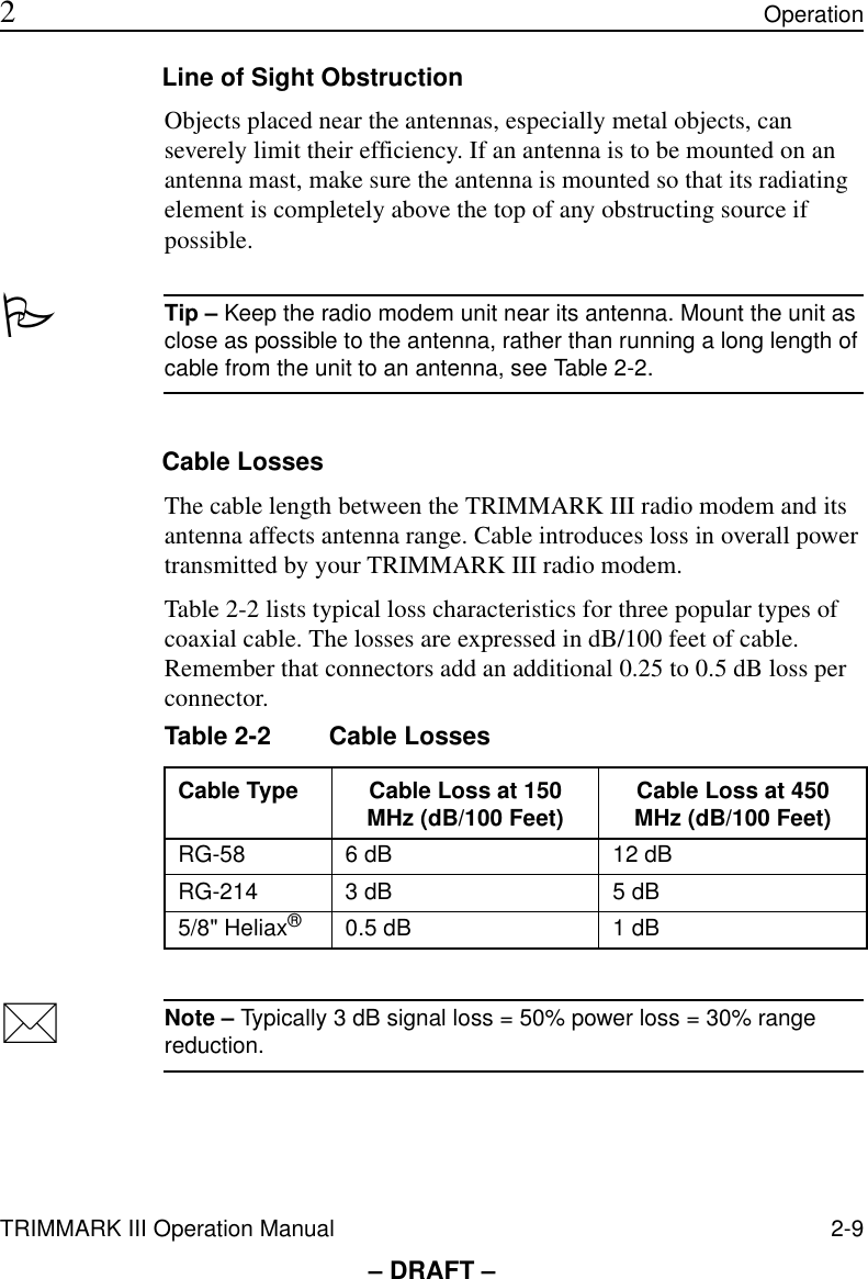 TRIMMARK III Operation Manual 2-9 2Operation– DRAFT –Line of Sight ObstructionObjects placed near the antennas, especially metal objects, can severely limit their efficiency. If an antenna is to be mounted on an antenna mast, make sure the antenna is mounted so that its radiating element is completely above the top of any obstructing source if possible.PTip – Keep the radio modem unit near its antenna. Mount the unit as close as possible to the antenna, rather than running a long length of cable from the unit to an antenna, see Table 2-2.Cable LossesThe cable length between the TRIMMARK III radio modem and its antenna affects antenna range. Cable introduces loss in overall power transmitted by your TRIMMARK III radio modem. Table 2-2 lists typical loss characteristics for three popular types of coaxial cable. The losses are expressed in dB/100 feet of cable. Remember that connectors add an additional 0.25 to 0.5 dB loss per connector.*Note – Typically 3 dB signal loss = 50% power loss = 30% range reduction.Table 2-2 Cable LossesCable Type Cable Loss at 150 MHz (dB/100 Feet) Cable Loss at 450 MHz (dB/100 Feet)RG-58 6 dB 12 dBRG-214 3 dB 5 dB5/8&quot; Heliax®0.5 dB 1 dB