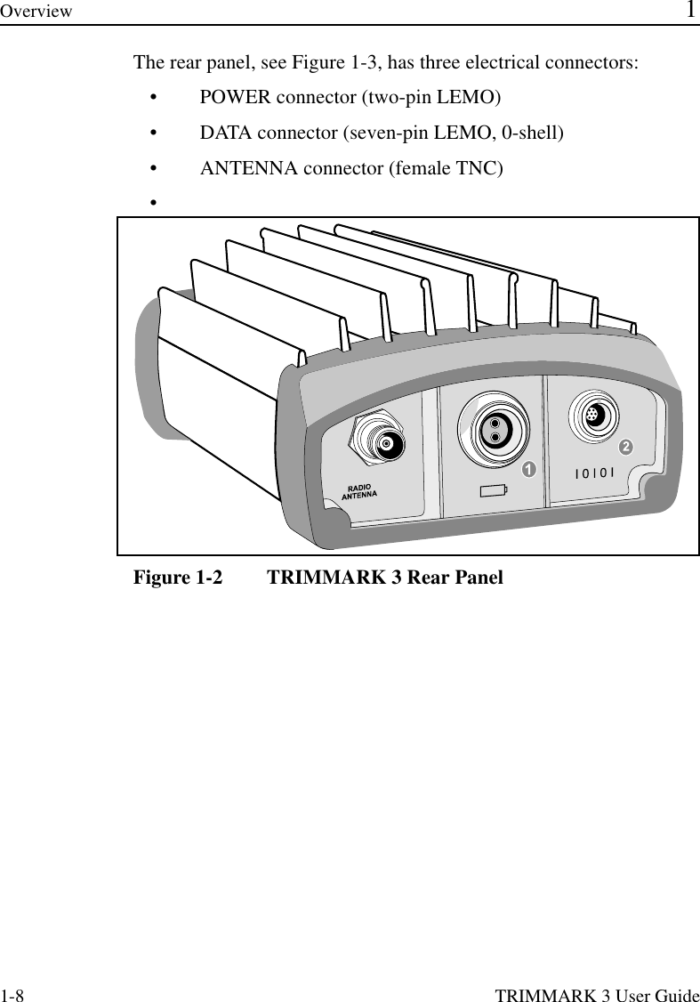 1-8 TRIMMARK 3 User GuideOverview 1The rear panel, see Figure 1-3, has three electrical connectors:•POWER connector (two-pin LEMO)•DATA connector (seven-pin LEMO, 0-shell)•ANTENNA connector (female TNC)•Figure 1-2 TRIMMARK 3 Rear Panel