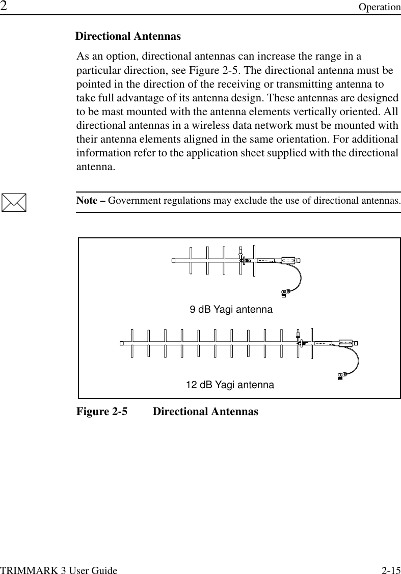 TRIMMARK 3 User Guide 2-15 2OperationDirectional AntennasAs an option, directional antennas can increase the range in a particular direction, see Figure 2-5. The directional antenna must be pointed in the direction of the receiving or transmitting antenna to take full advantage of its antenna design. These antennas are designed to be mast mounted with the antenna elements vertically oriented. All directional antennas in a wireless data network must be mounted with their antenna elements aligned in the same orientation. For additional information refer to the application sheet supplied with the directional antenna.Note – Government regulations may exclude the use of directional antennas.Figure 2-5 Directional Antennas9 dB Yagi antenna12 dB Yagi antenna