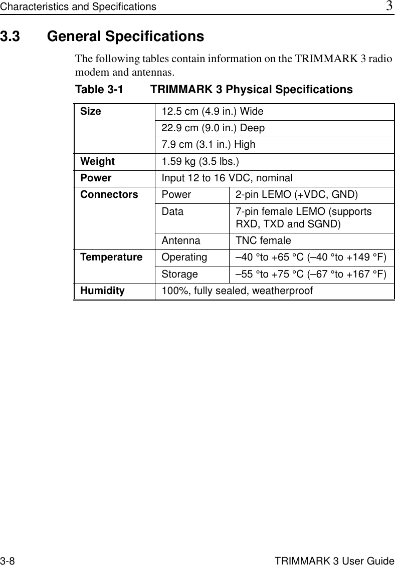 3-8 TRIMMARK 3 User GuideCharacteristics and Specifications 33.3 General SpecificationsThe following tables contain information on the TRIMMARK 3 radio modem and antennas.Table 3-1 TRIMMARK 3 Physical SpecificationsSize 12.5 cm (4.9 in.) Wide22.9 cm (9.0 in.) Deep7.9 cm (3.1 in.) HighWeight 1.59 kg (3.5 lbs.)Power Input 12 to 16 VDC, nominalConnectors Power 2-pin LEMO (+VDC, GND)Data 7-pin female LEMO (supports RXD, TXD and SGND)Antenna TNC femaleTemperature Operating –40 ° to +65 ° C (–40 ° to +149 ° F)Storage –55 ° to +75 ° C (–67 ° to +167 ° F)Humidity 100%, fully sealed, weatherproof 