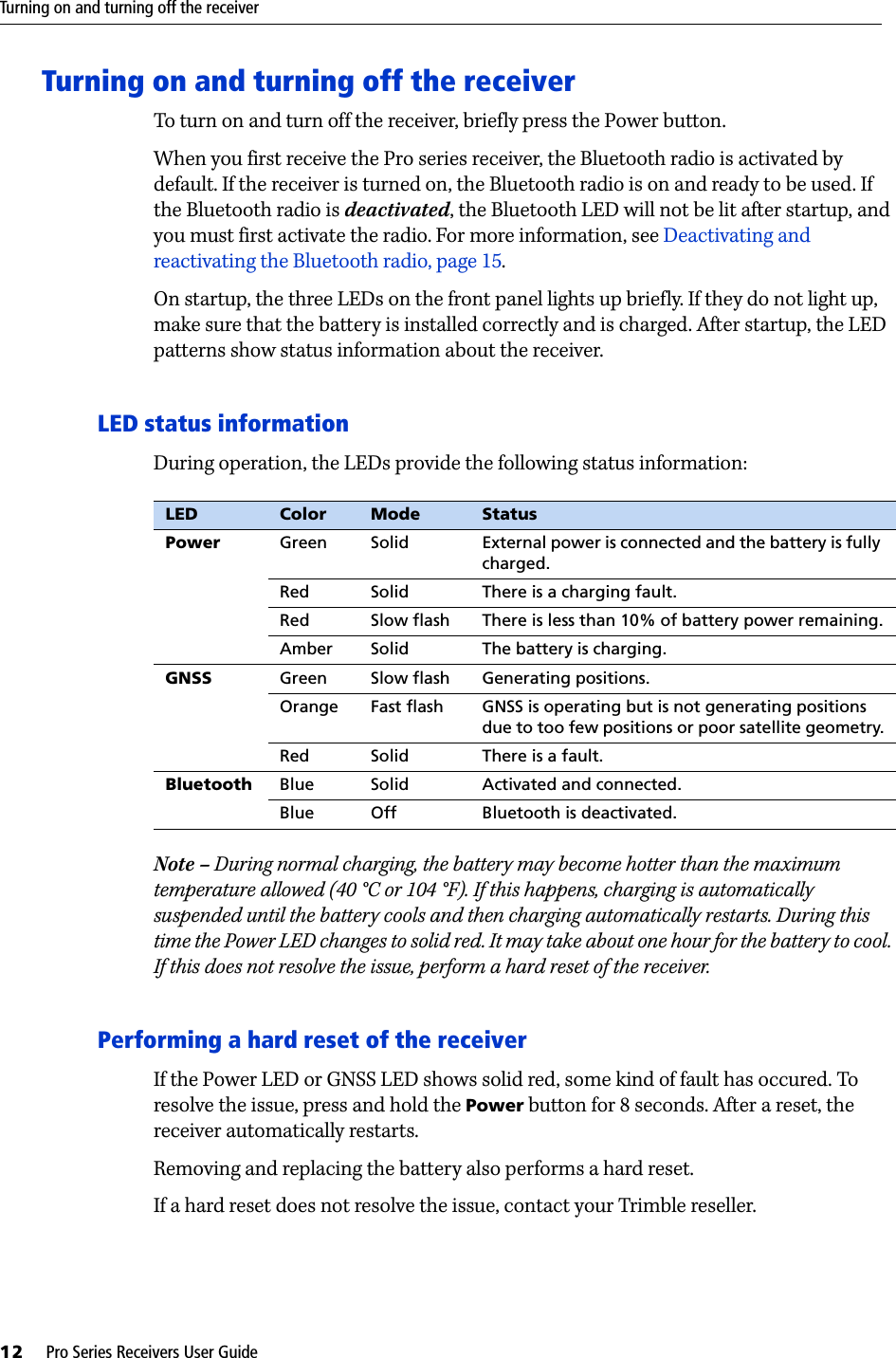 Turning on and turning off the receiver12     Pro Series Receivers User GuideTurning on and turning off the receiver To turn on and turn off the receiver, briefly press the Power button. When you first receive the Pro series receiver, the Bluetooth radio is activated by default. If the receiver is turned on, the Bluetooth radio is on and ready to be used. If the Bluetooth radio is deactivated, the Bluetooth LED will not be lit after startup, and you must first activate the radio. For more information, see Deactivating and reactivating the Bluetooth radio, page 15.On startup, the three LEDs on the front panel lights up briefly. If they do not light up, make sure that the battery is installed correctly and is charged. After startup, the LED patterns show status information about the receiver. LED status informationDuring operation, the LEDs provide the following status information:Note – During normal charging, the battery may become hotter than the maximum temperature allowed (40 °C or 104 °F). If this happens, charging is automatically suspended until the battery cools and then charging automatically restarts. During this time the Power LED changes to solid red. It may take about one hour for the battery to cool. If this does not resolve the issue, perform a hard reset of the receiver.Performing a hard reset of the receiverIf the Power LED or GNSS LED shows solid red, some kind of fault has occured. To resolve the issue, press and hold the Power button for 8 seconds. After a reset, the receiver automatically restarts.Removing and replacing the battery also performs a hard reset.If a hard reset does not resolve the issue, contact your Trimble reseller. LED Color Mode StatusPower  Green Solid External power is connected and the battery is fully charged.Red Solid There is a charging fault.Red Slow flash There is less than 10% of battery power remaining.Amber Solid The battery is charging.GNSS Green Slow flash Generating positions.Orange Fast flash GNSS is operating but is not generating positions due to too few positions or poor satellite geometry.Red Solid There is a fault. Bluetooth Blue Solid Activated and connected.Blue Off Bluetooth is deactivated.