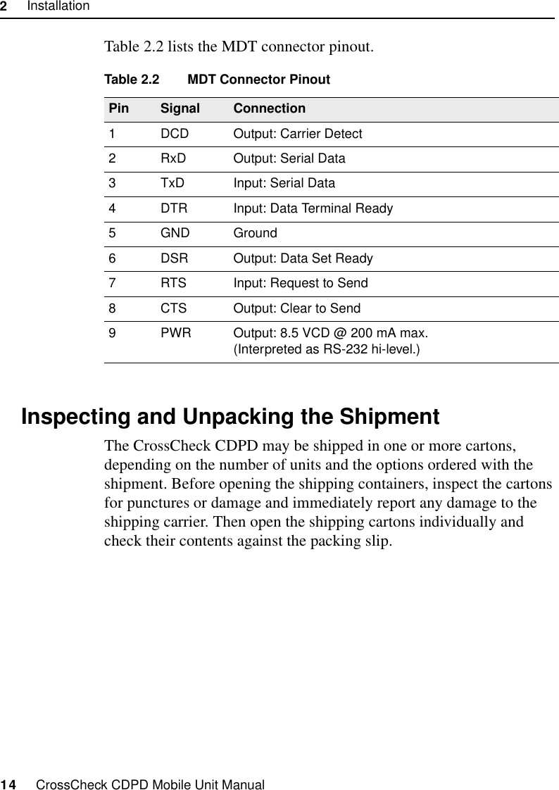 2     Installation14     CrossCheck CDPD Mobile Unit ManualTable 2.2 lists the MDT connector pinout.2.4 Inspecting and Unpacking the ShipmentThe CrossCheck CDPD may be shipped in one or more cartons, depending on the number of units and the options ordered with the shipment. Before opening the shipping containers, inspect the cartons for punctures or damage and immediately report any damage to the shipping carrier. Then open the shipping cartons individually and check their contents against the packing slip.Table 2.2 MDT Connector PinoutPin Signal Connection1 DCD Output: Carrier Detect2 RxD Output: Serial Data3 TxD Input: Serial Data4 DTR Input: Data Terminal Ready5 GND Ground6 DSR Output: Data Set Ready7 RTS Input: Request to Send8 CTS Output: Clear to Send9 PWR Output: 8.5 VCD @ 200 mA max. (Interpreted as RS-232 hi-level.)