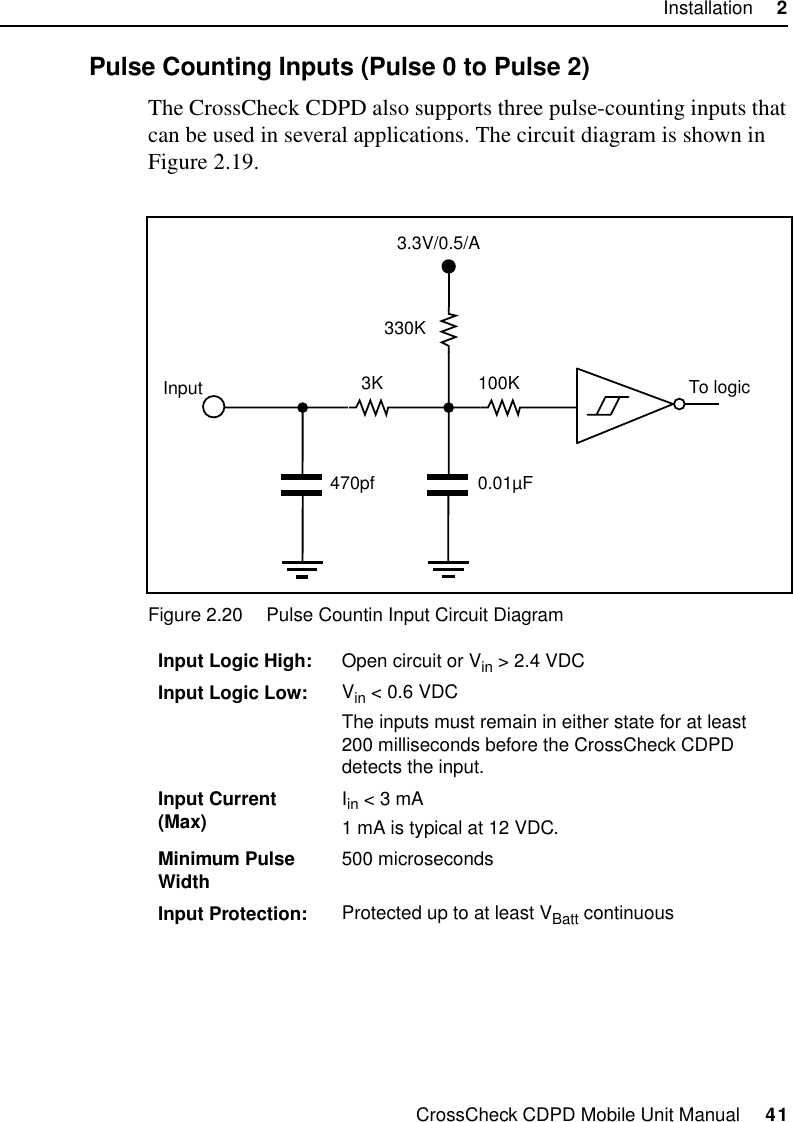 CrossCheck CDPD Mobile Unit Manual     41Installation     22.9.7 Pulse Counting Inputs (Pulse 0 to Pulse 2)The CrossCheck CDPD also supports three pulse-counting inputs that can be used in several applications. The circuit diagram is shown in Figure 2.19.Figure 2.20 Pulse Countin Input Circuit DiagramInput Logic High: Open circuit or Vin &gt; 2.4 VDCInput Logic Low: Vin &lt; 0.6 VDCThe inputs must remain in either state for at least 200 milliseconds before the CrossCheck CDPD detects the input.Input Current (Max) Iin &lt; 3 mA 1 mA is typical at 12 VDC.Minimum Pulse Width 500 microsecondsInput Protection: Protected up to at least VBatt continuous 3K330K0.01µFTo logic470pfInput 100K3.3V/0.5/A