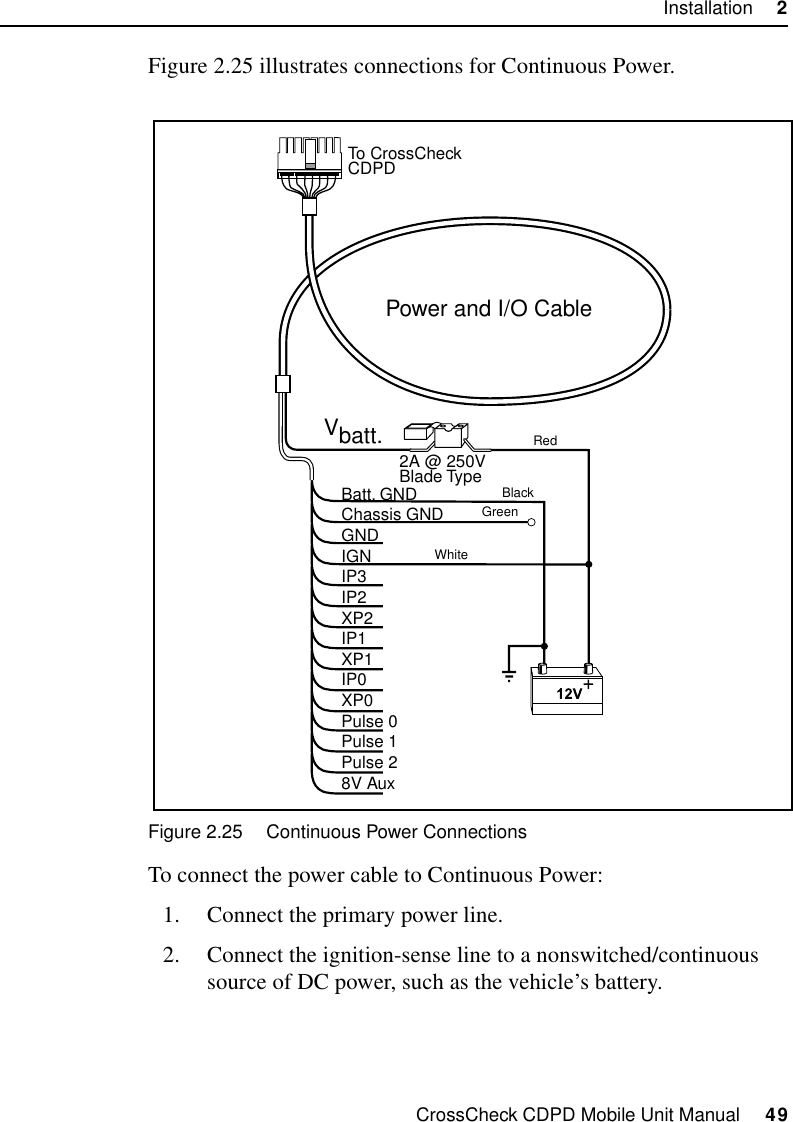 CrossCheck CDPD Mobile Unit Manual     49Installation     2Figure 2.25 illustrates connections for Continuous Power.Figure 2.25 Continuous Power ConnectionsTo connect the power cable to Continuous Power:1. Connect the primary power line.2. Connect the ignition-sense line to a nonswitched/continuous source of DC power, such as the vehicle’s battery. Power and I/O CableVbatt.Batt. GNDChassis GNDGNDIGNIP3IP2XP2IP1XP1IP0XP0Pulse 0Pulse 1Pulse 28V Aux2A @ 250VBlade TypeTo CrossCheckCDPDRedBlackGreenWhite
