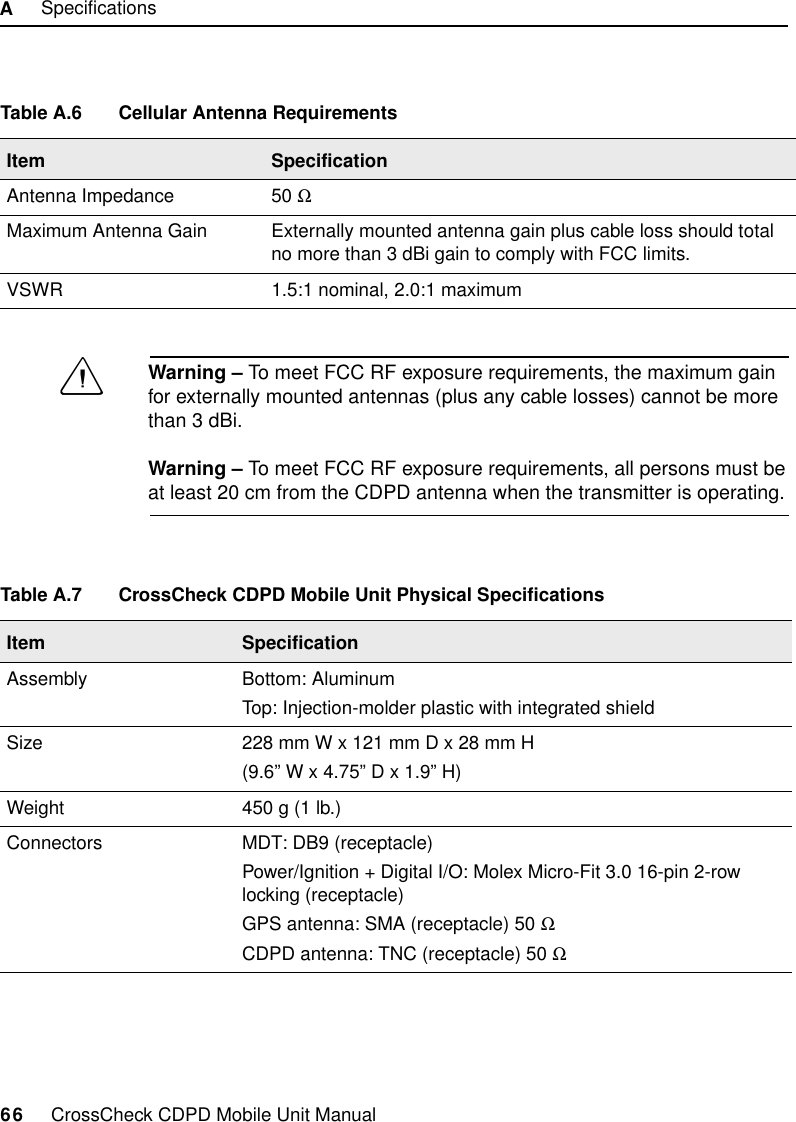 A     Specifications66     CrossCheck CDPD Mobile Unit ManualWarning – To meet FCC RF exposure requirements, the maximum gain for externally mounted antennas (plus any cable losses) cannot be more than 3 dBi.Warning – To meet FCC RF exposure requirements, all persons must be at least 20 cm from the CDPD antenna when the transmitter is operating.Table A.6 Cellular Antenna RequirementsItem SpecificationAntenna Impedance 50 ΩMaximum Antenna Gain Externally mounted antenna gain plus cable loss should total no more than 3 dBi gain to comply with FCC limits.VSWR 1.5:1 nominal, 2.0:1 maximumTable A.7 CrossCheck CDPD Mobile Unit Physical SpecificationsItem SpecificationAssembly Bottom: AluminumTop: Injection-molder plastic with integrated shieldSize 228 mm W x 121 mm D x 28 mm H(9.6” W x 4.75” D x 1.9” H)Weight 450 g (1 lb.)Connectors MDT: DB9 (receptacle)Power/Ignition + Digital I/O: Molex Micro-Fit 3.0 16-pin 2-row locking (receptacle)GPS antenna: SMA (receptacle) 50 ΩCDPD antenna: TNC (receptacle) 50 Ω