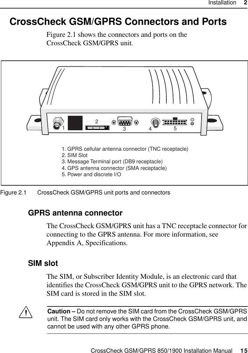 CrossCheck GSM/GPRS 850/1900 Installation Manual     15Installation     22.2 CrossCheck GSM/GPRS Connectors and PortsFigure 2.1 shows the connectors and ports on the CrossCheck GSM/GPRS unit.Figure 2.1 CrossCheck GSM/GPRS unit ports and connectors2.2.1 GPRS antenna connectorThe CrossCheck GSM/GPRS unit has a TNC receptacle connector for connecting to the GPRS antenna. For more information, see Appendix A, Specifications.2.2.2 SIM slotThe SIM, or Subscriber Identity Module, is an electronic card that identifies the CrossCheck GSM/GPRS unit to the GPRS network. The SIM card is stored in the SIM slot.CCaution – Do not remove the SIM card from the CrossCheck GSM/GPRS unit. The SIM card only works with the CrossCheck GSM/GPRS unit, and cannot be used with any other GPRS phone.123451. GPRS cellular antenna connector (TNC receptacle)2. SIM Slot3. Message Terminal port (DB9 receptacle)4. GPS antenna connector (SMA receptacle)5. Power and discrete I/O