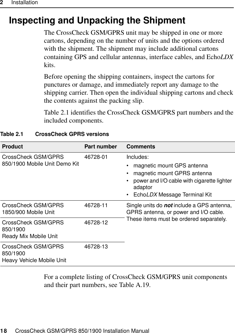 2     Installation18     CrossCheck GSM/GPRS 850/1900 Installation Manual2.3 Inspecting and Unpacking the ShipmentThe CrossCheck GSM/GPRS unit may be shipped in one or more cartons, depending on the number of units and the options ordered with the shipment. The shipment may include additional cartons containing GPS and cellular antennas, interface cables, and EchoLDX kits. Before opening the shipping containers, inspect the cartons for punctures or damage, and immediately report any damage to the shipping carrier. Then open the individual shipping cartons and check the contents against the packing slip.Table 2.1 identifies the CrossCheck GSM/GPRS part numbers and the included components.For a complete listing of CrossCheck GSM/GPRS unit components and their part numbers, see Table A.19.Table 2.1 CrossCheck GPRS versionsProduct Part number CommentsCrossCheck GSM/GPRS 850/1900 Mobile Unit Demo Kit 46728-01 Includes:• magnetic mount GPS antenna• magnetic mount GPRS antenna• power and I/O cable with cigarette lighter adaptor• EchoLDX Message Terminal KitCrossCheck GSM/GPRS 1850/900 Mobile Unit 46728-11 Single units do not include a GPS antenna, GPRS antenna, or power and I/O cable. These items must be ordered separately.CrossCheck GSM/GPRS 850/1900 Ready Mix Mobile Unit46728-12CrossCheck GSM/GPRS 850/1900 Heavy Vehicle Mobile Unit46728-13