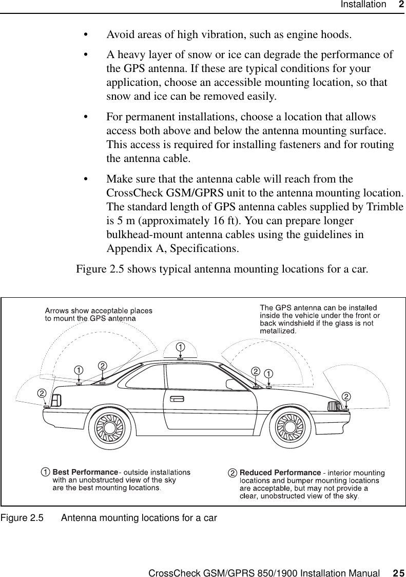 CrossCheck GSM/GPRS 850/1900 Installation Manual     25Installation     2• Avoid areas of high vibration, such as engine hoods.• A heavy layer of snow or ice can degrade the performance of the GPS antenna. If these are typical conditions for your application, choose an accessible mounting location, so that snow and ice can be removed easily.• For permanent installations, choose a location that allows access both above and below the antenna mounting surface. This access is required for installing fasteners and for routing the antenna cable.• Make sure that the antenna cable will reach from the CrossCheck GSM/GPRS unit to the antenna mounting location. The standard length of GPS antenna cables supplied by Trimble is 5 m (approximately 16 ft). You can prepare longer bulkhead-mount antenna cables using the guidelines in Appendix A, Specifications.Figure 2.5 shows typical antenna mounting locations for a car.Figure 2.5 Antenna mounting locations for a carBest Performance Reduced Performance